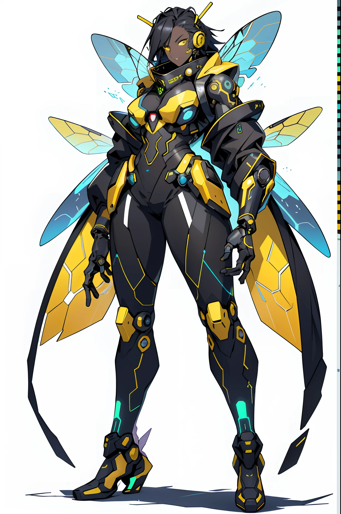 1 Anthropomorphism of bees, standing full-body，Solo, (tmasterpiece，top Quority，best qualtiy), ((Anthropomorphism of bees)), 独奏, Holding a black and yellow stick, human structure bee concept art, character design contest winner, cyberpunk bee, Great character design, Cyborg Wasp, Fantasy beekeeper, （（cyber punk style，machine arm，Hologram aura，Surreal Science Fiction Art，Future Science Fiction Aesthetics））, biopunk cyborg wasp, (The main colors are yellow and black), interesting character design, insect trainer girl, no type, cushart kenz, cyberpunk cyborg wasp, full body concept, high quality character design, character design art, ((very simple background))、(Game character design), white backgrounid（（（flatcolors）））