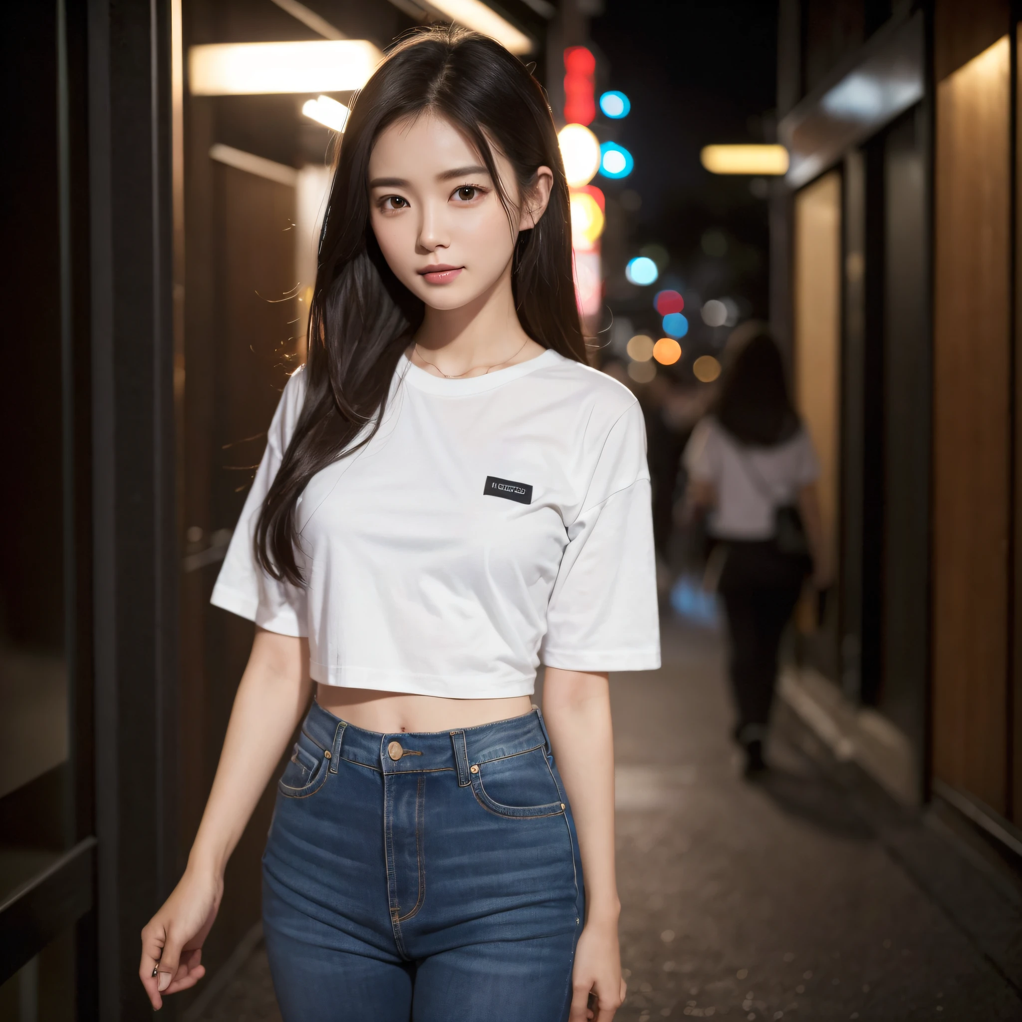 One lady、((best qualtiy、8k masterpieces:1.3))、foco nítido:1.2、(ultra beautiful faces:1.0)、(shinny skin:1.0)、photos realistic、A dark-haired、Video Lighting、High-definition eyes and face、Video Lighting、(Korean Cute Actress)、from the front side、medium breasts、Smile、Slender Abs Beauty、Whole body、wearing t-shirts、in tokyo at night