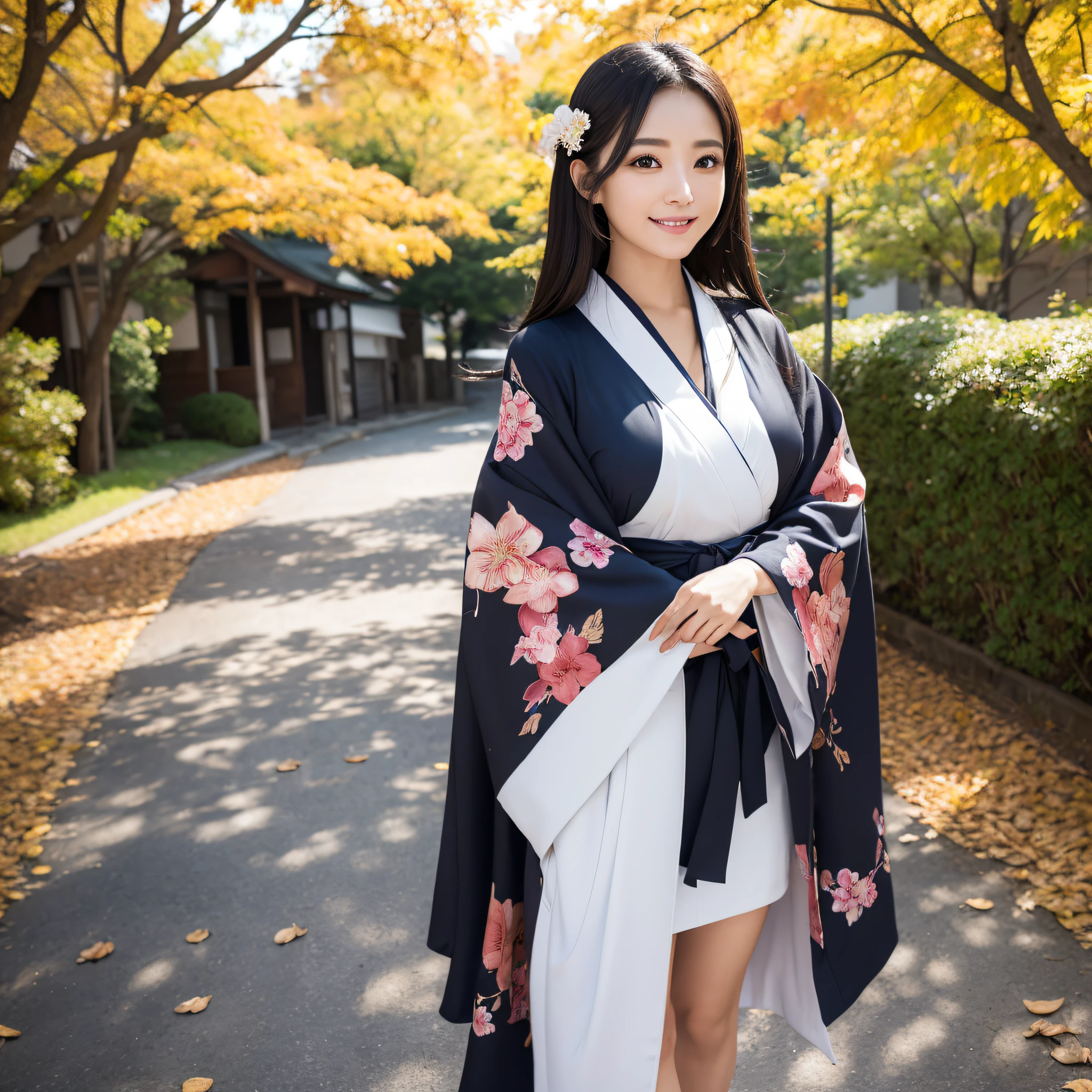 (Super beautiful woman in kimono)、((best qualtiy、8k masterpieces:1.3))、foco nítido:1.2、(ultra beautiful faces:1.0)、(shinny skin:1.0)、photos realistic、A dark-haired、Video Lighting、High-definition eyes and face、Video Lighting、Japanese actressl、from the front side、medium breasts、With a happy smile、wearing kimonos、Under the autumn leaves、