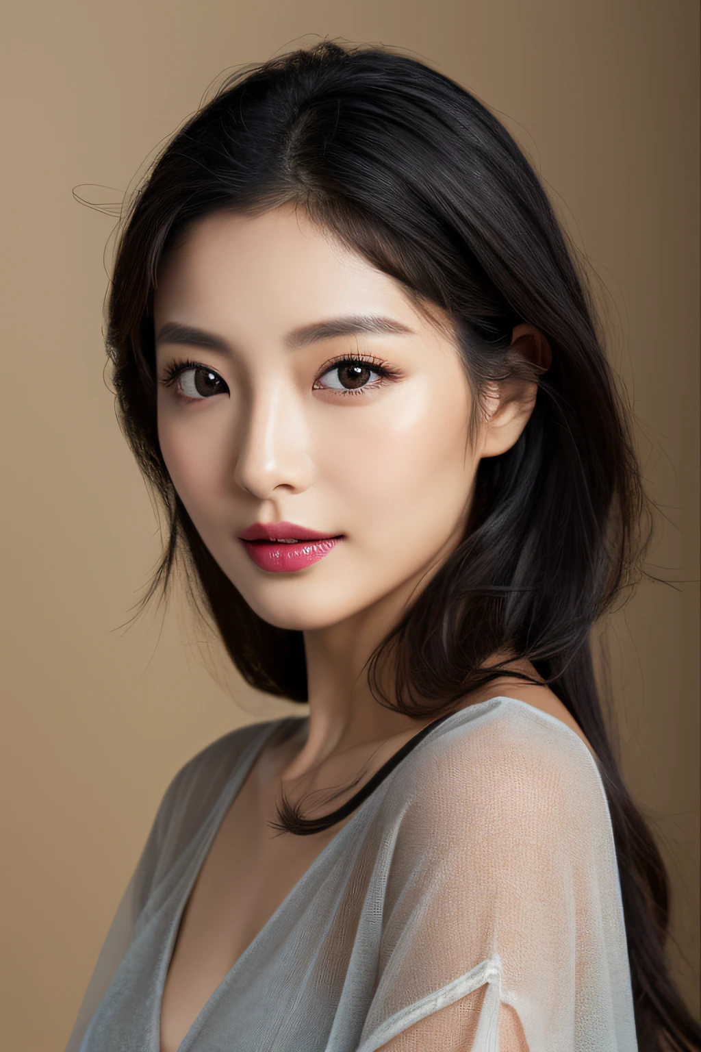 (top-quality,​masterpiece),1girl in、Super beautiful Japan woman in her 30s、Sheer、Sensual look、real looking skin、Very huge、Fashion Model Body Type、Darklet、Focus on the eyes、mascara、lipsticks、pube、Constricted waist、Dark gray background