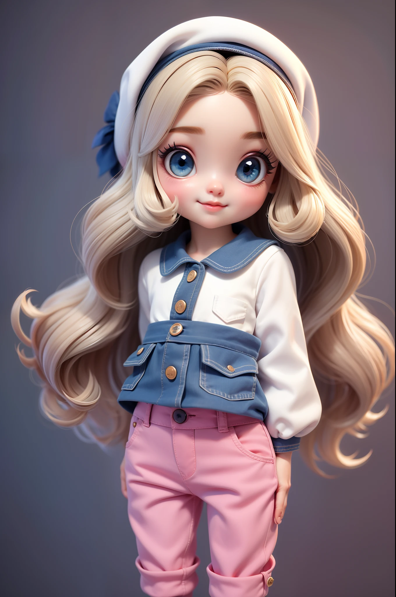 Create a series of cute chibi style dolls with a cute street theme, each with lots of detail and in an 8K resolution. All dolls should follow the same solid background pattern and be complete in the image, mostrando o (corpo inteiro, incluindo as pernas: 1.5) Boneca Chame-a de Marina. Ela deve ter cabelo pequeno em tom preto marrom. Seus olhos devem ser grandes e expressivos, with long eyelashes and rosy cheeks. Sorriso delicado e branco. Marina deve estar vestida com uma jaqueta, Camiseta, Pants & bonnet . She must hold accessoryRio de Janeiros safari. Certifique-se de adicionar detalhes nas roupas, such as buttons and pockets, sapato bonito Certifique-se de adicionar Sombras, texturas e detalhes nos cabelos, roupas, Safari utensils, to make them even more adorable and charming.