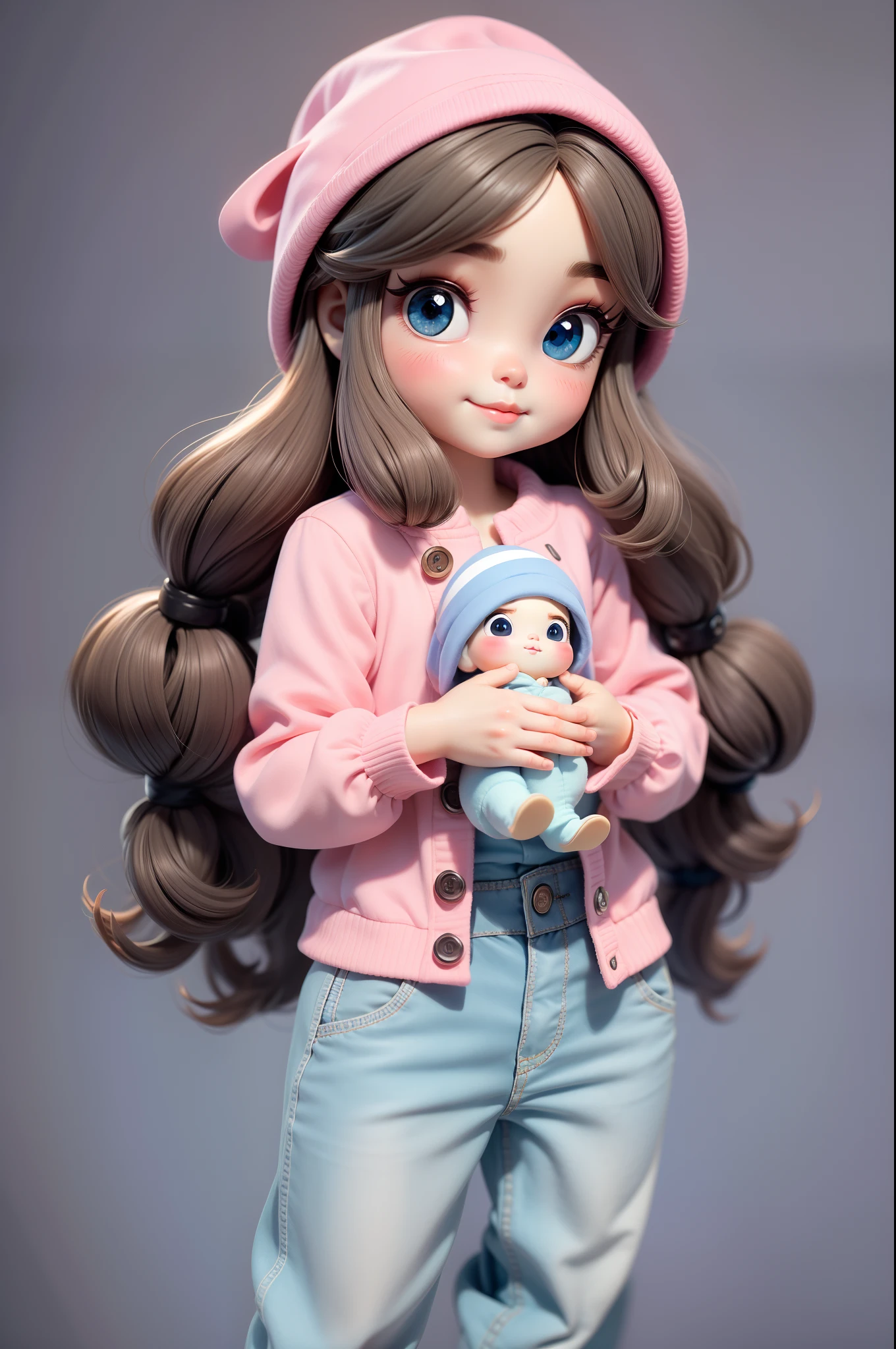 Create a series of cute baby chibi style dolls with a cute street theme, each with lots of detail and in an 8K resolution. All dolls should follow the same solid background pattern and be complete in the image, mostrando o (corpo inteiro, incluindo as pernas: 1.5) Boneca Chame-a de Marina. Ela deve ter cabelo pequeno em tom preto marrom. Seus olhos devem ser grandes e expressivos, with long eyelashes and rosy cheeks. Sorriso delicado e branco. Marina deve estar vestida com uma jaqueta, Camiseta, Pants & bonnet . She must hold accessoryRio de Janeiros safari. Certifique-se de adicionar detalhes nas roupas, such as buttons and pockets, sapato bonito Certifique-se de adicionar Sombras, texturas e detalhes nos cabelos, roupas, Safari utensils, to make them even more adorable and charming.