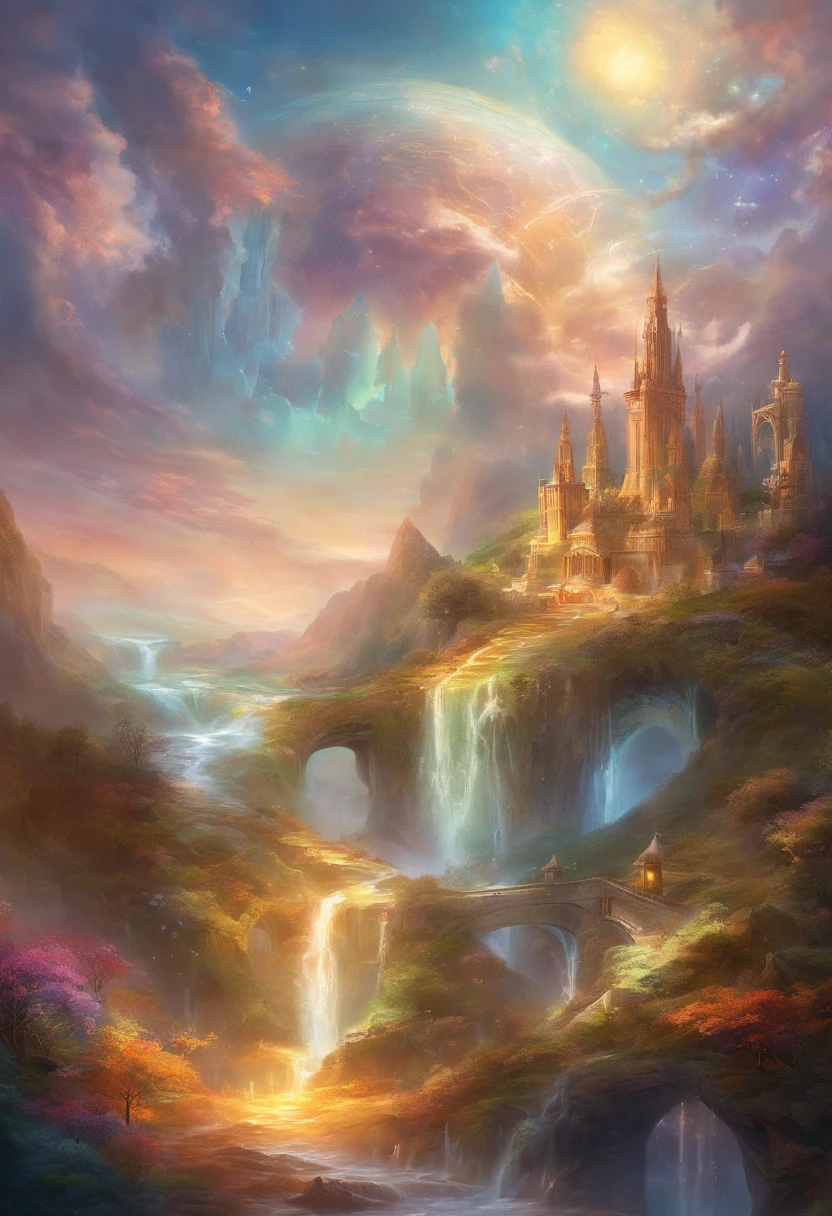A painting of a castle on a mountain with a waterfall - SeaArt AI