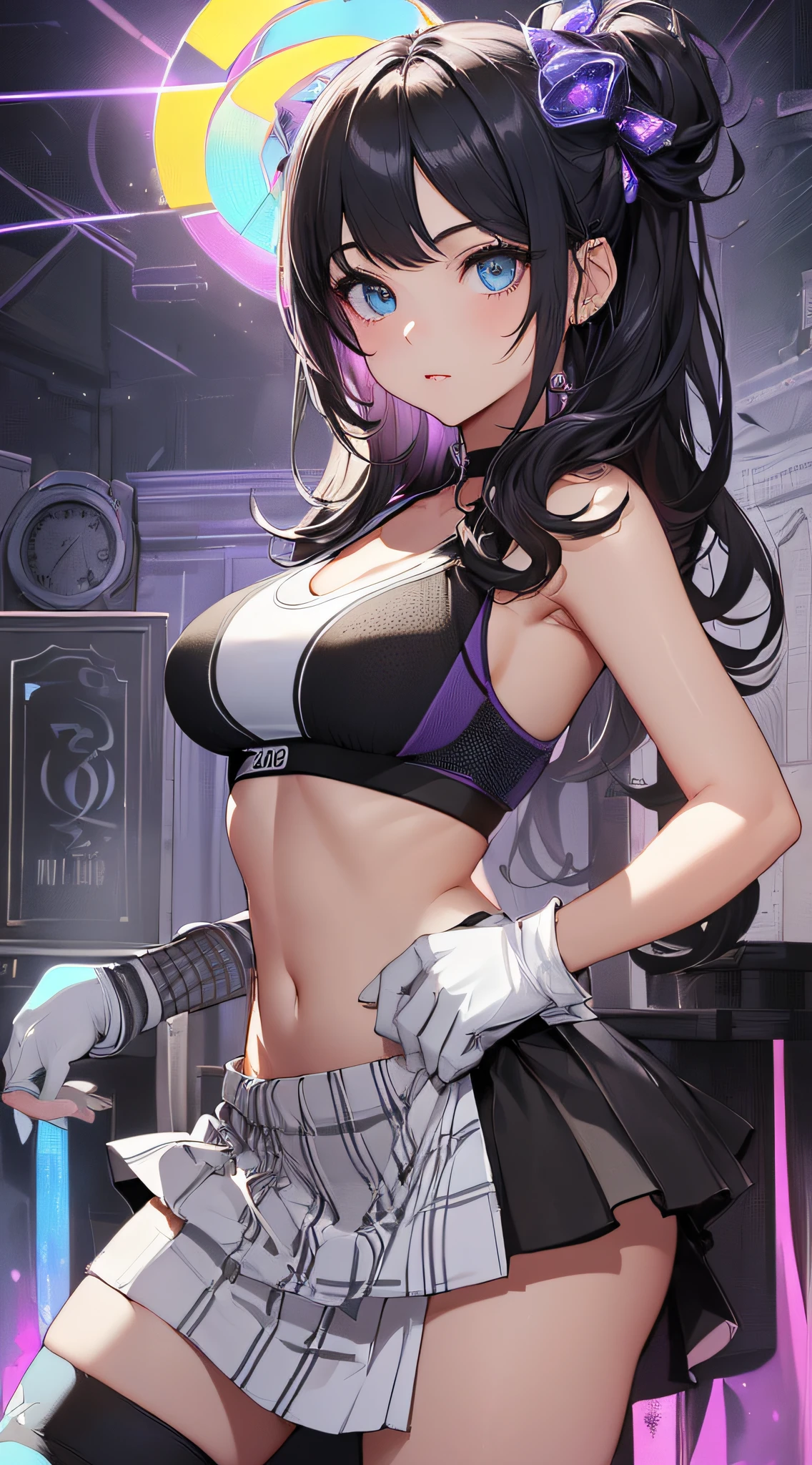 top-quality、Top image quality、masterpiece、girl with((18year old、Blue Sports Bra、Blue sports pants、Best Bust、Bust 90、Purple medium hair、Red Eyes、open chest wide、Valley、Happiness、A slender、ssmile,Sweating、posterior view、Emphasis on the buttocks))hiquality、Beautiful Art、Background with((nightclubs、Counter Bar))、masutepiece、Elaborate design、visualart、