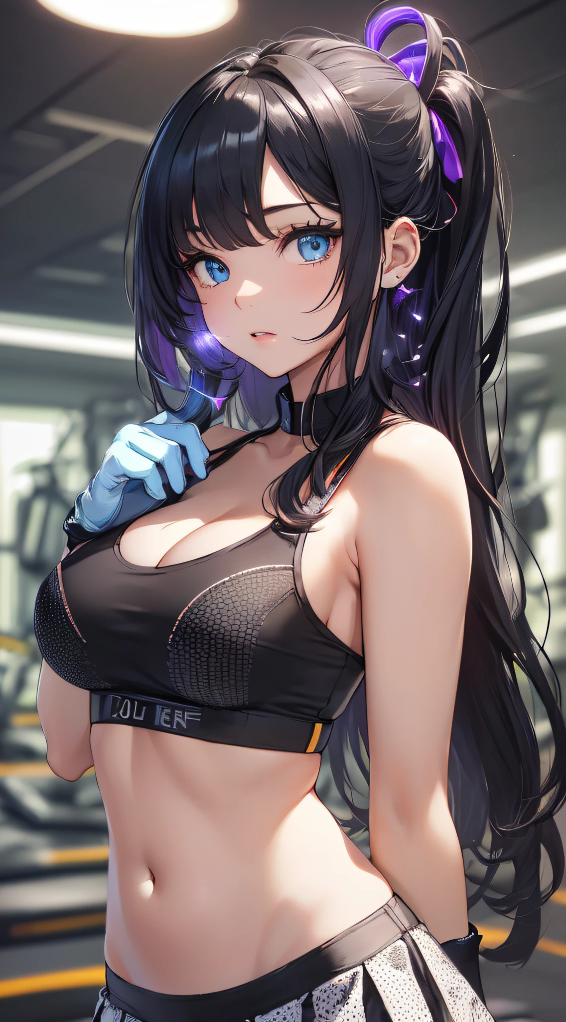 top-quality、Top image quality、masterpiece、girl with((cute little、20yr old、Best Bust、Medium bust、Bust 85,Beautiful blue eyes、Breasts wide open,Long Black Hair、A slender、Middle knot、Black Sports Bra、White short skirt,Reflecting the whole body、Black perforated gloves))hiquality、Beautiful Art、Background with((clubhouse、Blue lighting、Multiple purple laser points、fitness club、natta、virtual)),masutepiece、Elaborate design、visualart、depth of fields、The best lighting、highestdetailed、8k