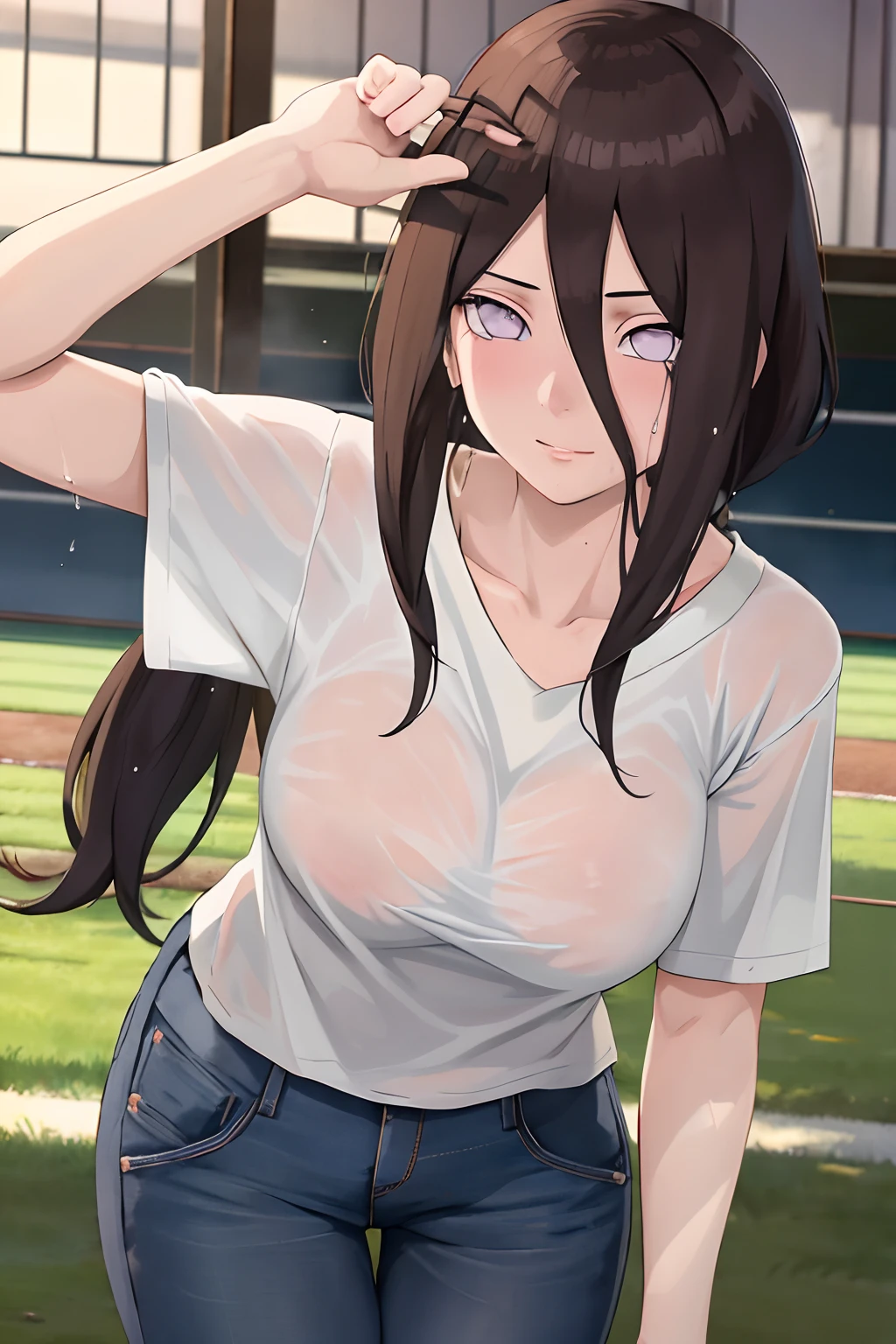 tmasterpiece, highly detailed, best qualtiy, 超高分辨率, 1girll, 独奏,(Hinata flower proportions:1),Long hair hanging low, Hair Band, Hana's purple eyes, pony tails, Beautiful, Beautiful woman, Perfect body, perfect breastm, Wearing a white baseball shirt, Wearing a baseball cap, On the baseball field, holding a Baseball Bat, view the viewer, Slight smile, Realism, Masterpiece, Textured skin, Super detail, High detail, High quality, Best quality, 1080p, 16k,Bigboobs,Be red in the face,Blushlush,perspire,Sweat profusely,There are a lot of water droplets on the face,