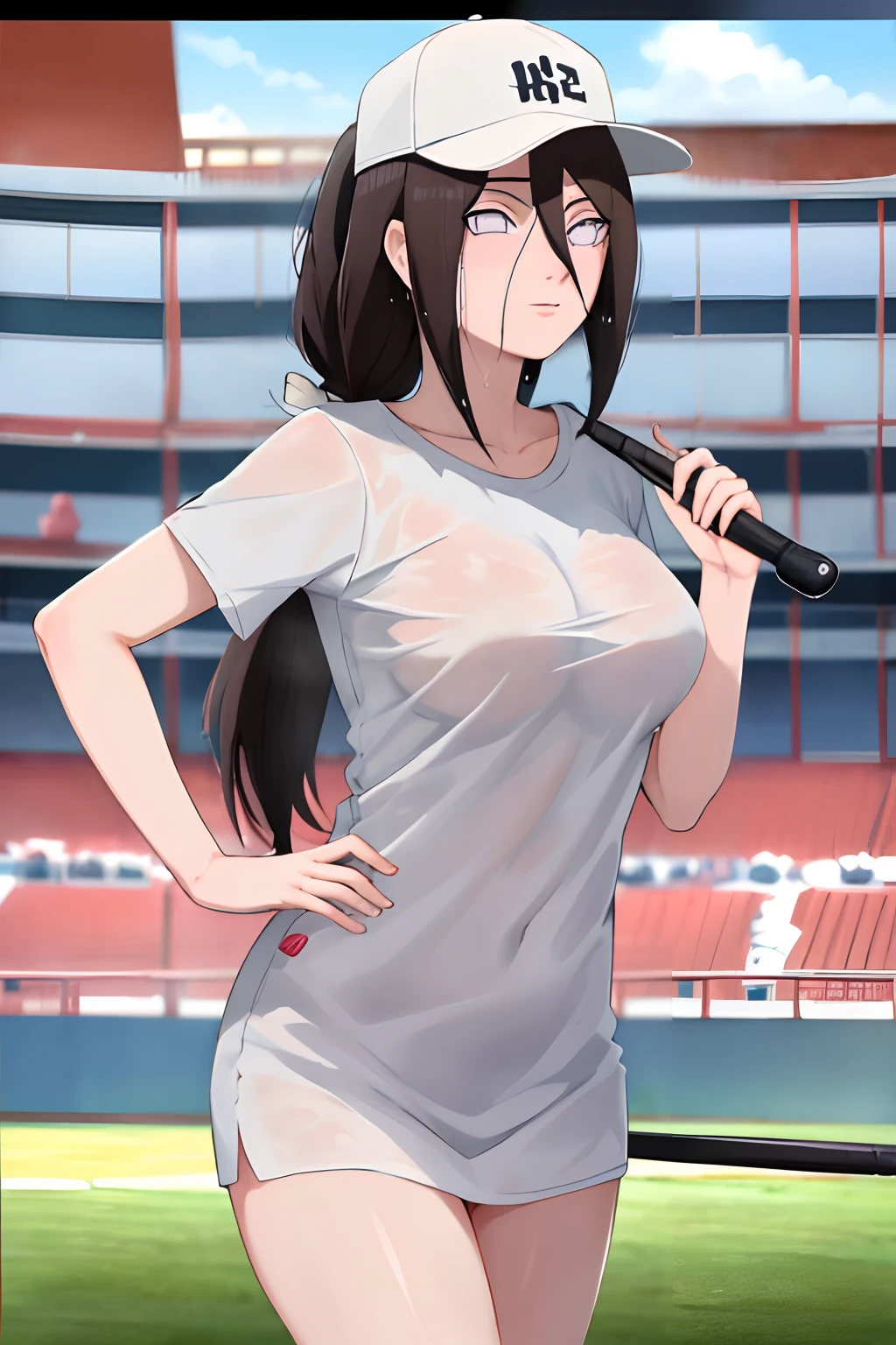 tmasterpiece, highly detailed, best qualtiy, 超高分辨率, 1girll, 独奏,(Hinata flower proportions:1),Long hair hanging low, Hair Band, Hana's purple eyes, pony tails, Beautiful, Beautiful woman, Perfect body, perfect breastm, Wearing a white baseball shirt, Wearing a baseball cap, On the baseball field, holding a Baseball Bat, view the viewer, Slight smile, Realism, Masterpiece, Textured skin, Super detail, High detail, High quality, Best quality, 1080p, 16k,Bigboobs,Be red in the face,Blushlush,perspire,Sweat profusely,There are a lot of water droplets on the face,