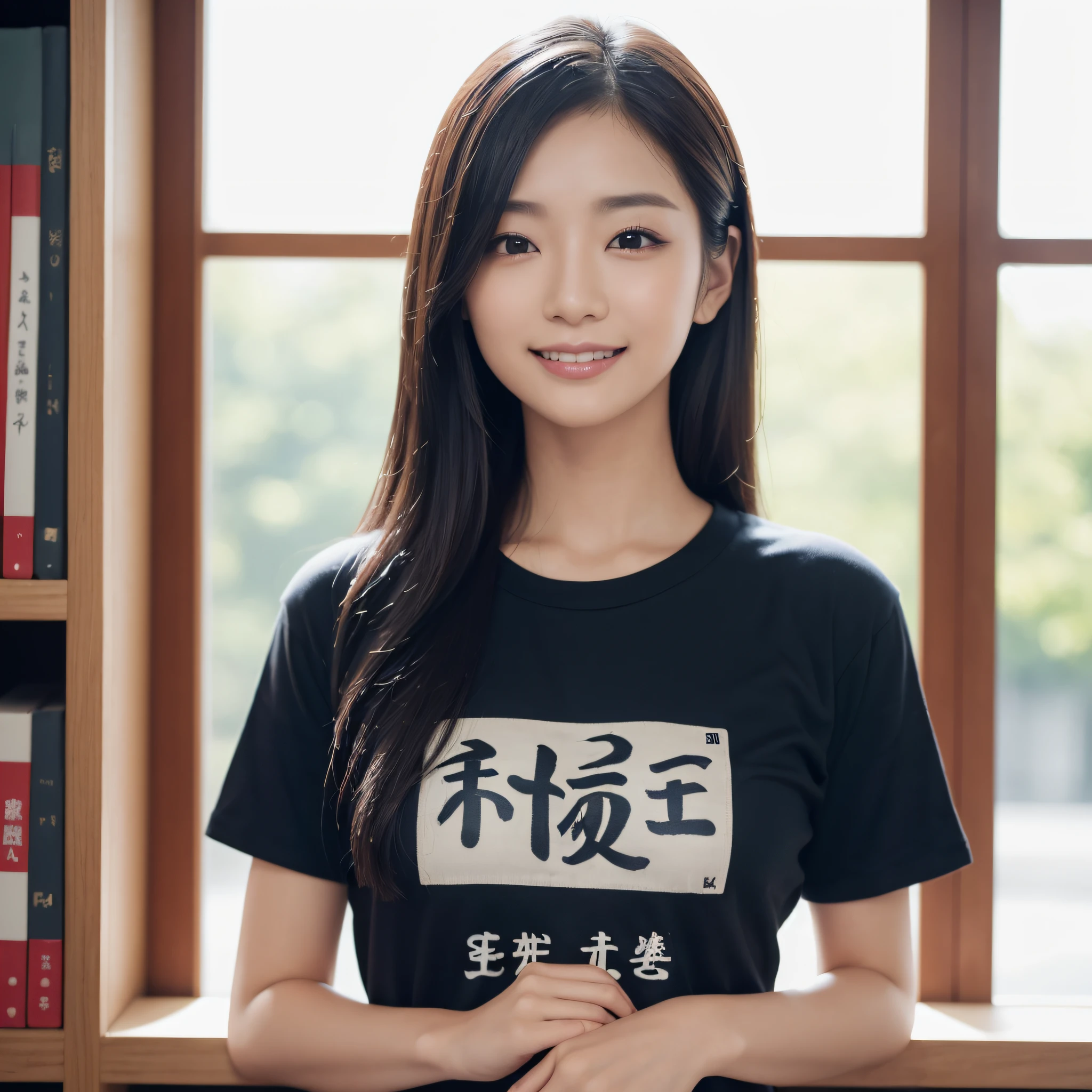 One beauty、((best qualtiy、8k masterpieces:1.3))、foco nítido:1.2、(ultra beautiful faces:1.0)、(shinny skin:1.0)、photos realistic、A dark-haired、Video Lighting、High-definition eyes and face、Video Lighting、Japanese ido、from the front side、medium breasts、Smile、Slender Abs Beauty、Whole body、Wearing a T-shirt with Japan kanji written on it、at the library
