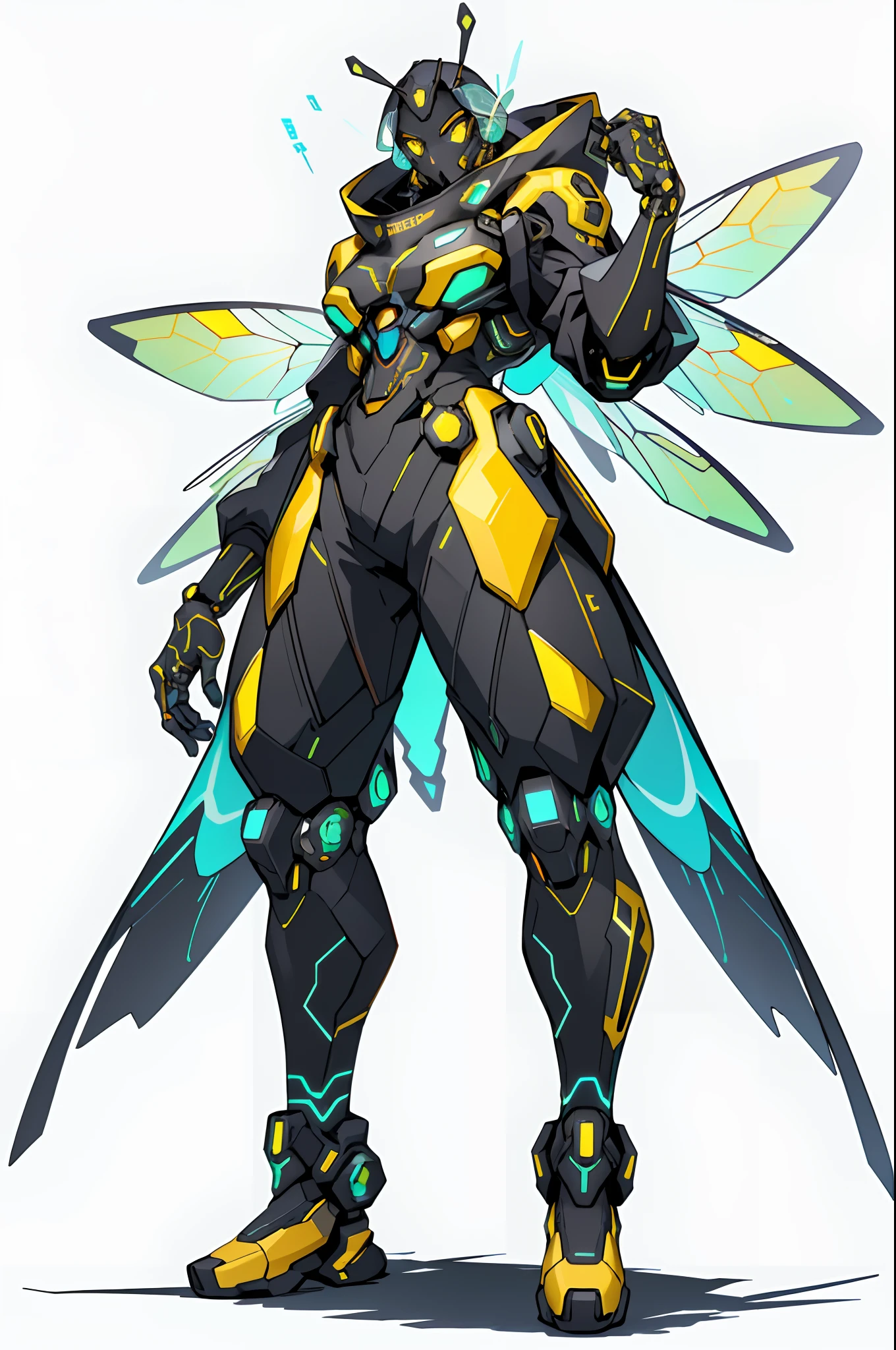 1 Anthropomorphism of bees, standing full-body,Solo, (tmasterpiece,top Quority,best qualtiy), ((Anthropomorphism of bees)), 独奏, Holding a black and yellow stick, human structure bee concept art, character design contest winner, cyberpunk bee, Great character design, Cyborg Wasp, Fantasy beekeeper, ((cyber punk style,machine arm,Hologram aura,Surreal Science Fiction Art,Future Science Fiction Aesthetics)), biopunk cyborg wasp, (The main colors are yellow and black), interesting character design, insect trainer girl, no type, cushart kenz, cyberpunk cyborg wasp, full body concept, high quality character design, character design art, ((very simple background))、(Game character design), white backgrounid(((flatcolors)))