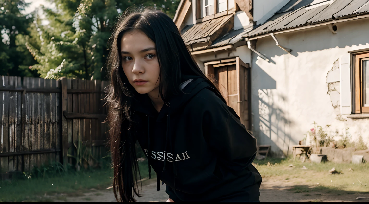 scared sick looking russian girl standing in rural Czech village, wearing black hoodie and shorts, very pale, very long black hair, summer day, shy