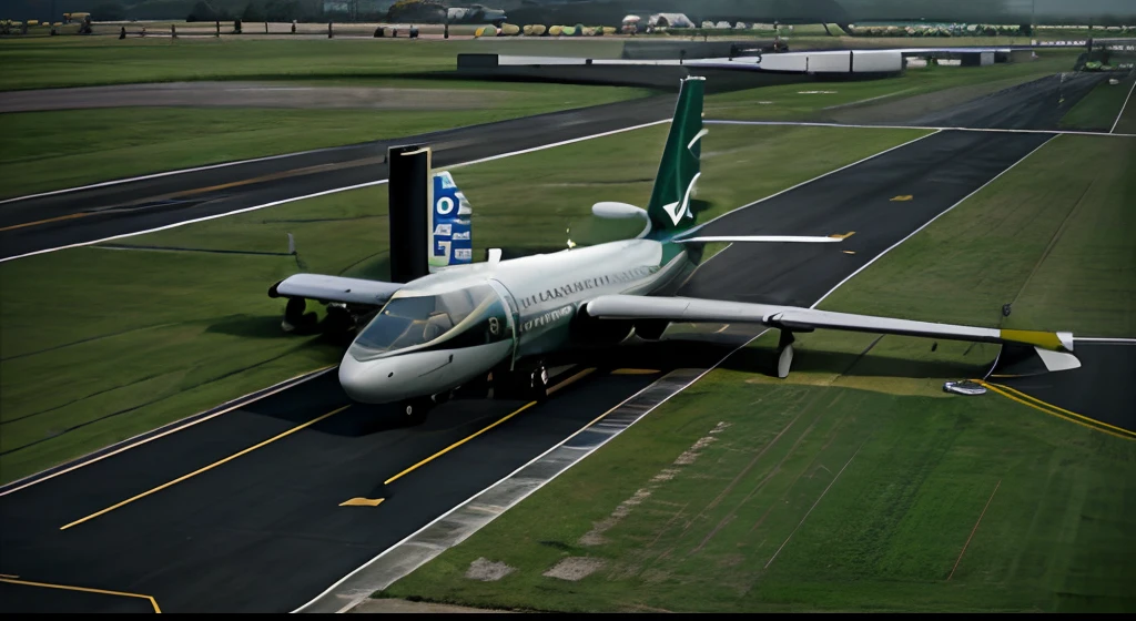 There is a large passenger plane on the runway of the airport, Establish medium and long range lenses, semi - realistic render,  photorender, Nose raised, airport, artistation render, rendering, running track,  Air angle, finalrender, A digital rendering, A digital rendering，Green meadows，Cinematic lighting effects