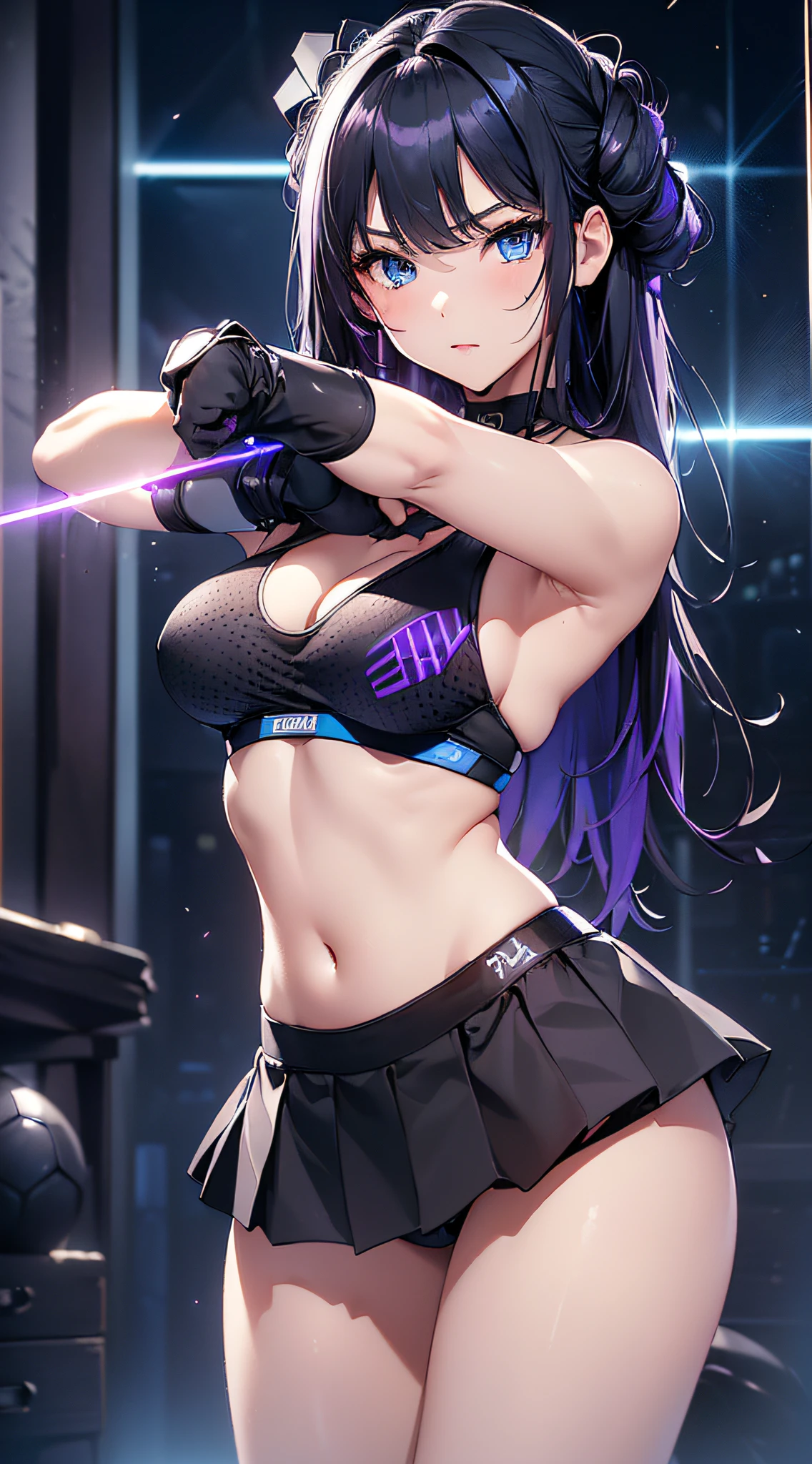 top-quality、Top image quality、​masterpiece、girl with((cute little、20yr old、Best Bust、Medium bust、Bust 85,Beautiful blue eyes、Breasts wide open,Long Black Hair、A slender、Middle knot、Black Sports Bra、White short skirt,Reflecting the whole body、Black perforated gloves、fighting poses)）hiquality、Beautiful Art、Background with((clubhouse、Blue lighting、Multiple purple laser points、fitness club、natta、virtual)),masutepiece、Elaborate design、visualart、depth of fields、The best lighting、highestdetailed、8ｋ