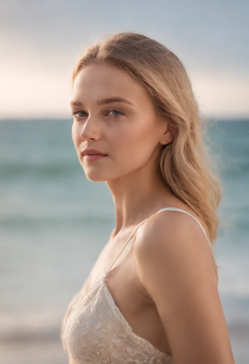NSFW - Half-length photograph of Gorgeous 18 year old blonde playing in shallow water on beach. Beautiful soft light, near sunrise. Wet hair, wet body.