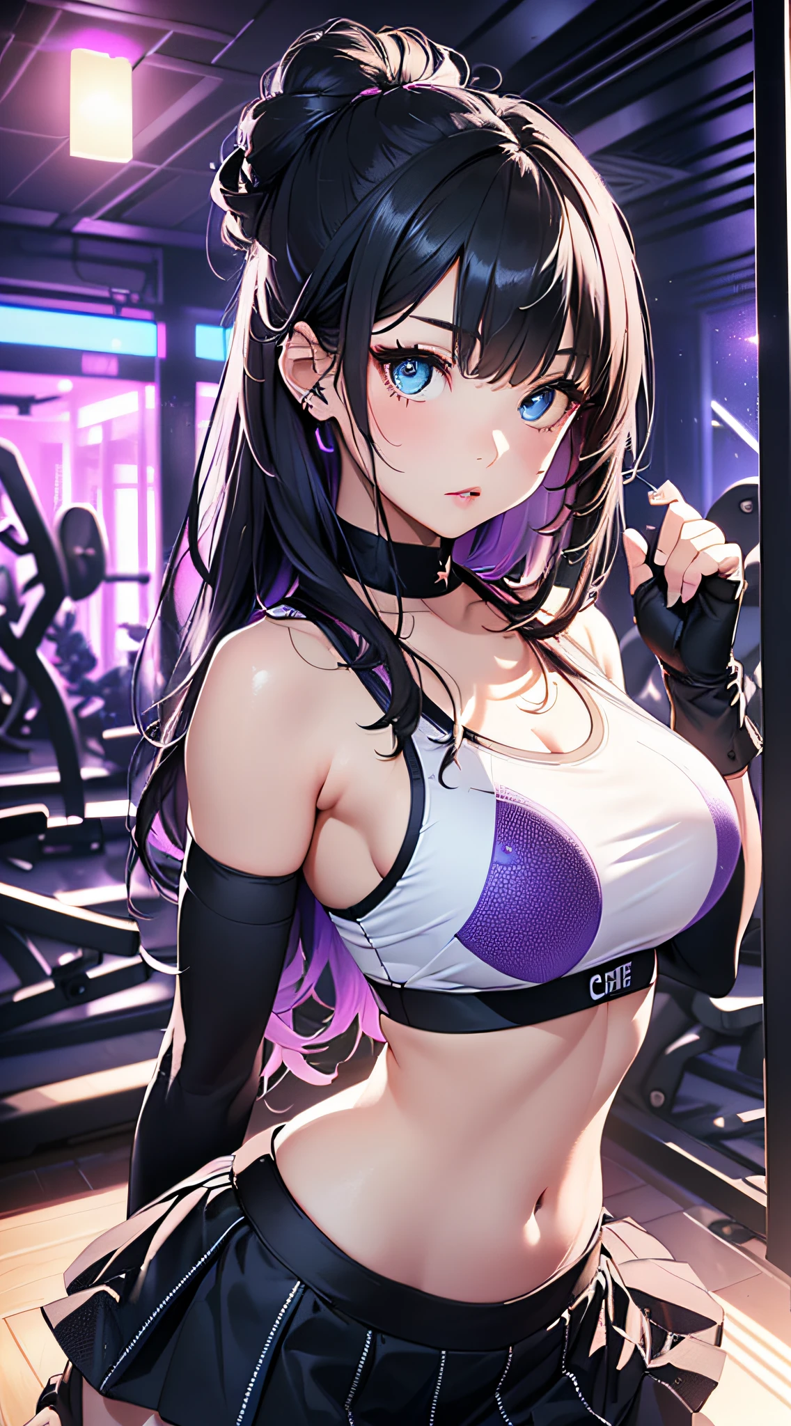 top-quality、Top image quality、​masterpiece、girl with((cute little、20yr old、Best Bust、Medium bust、Bust 85,Beautiful blue eyes、Breasts wide open,Long Black Hair、A slender、Middle knot、Black Sports Bra、White short skirt,Reflecting the whole body、Black perforated gloves、fighting poses)）hiquality、Beautiful Art、Background with((clubhouse、Blue lighting、Multiple purple laser points、fitness club、natta、virtual)),masutepiece、Elaborate design、visualart、depth of fields、The best lighting、highestdetailed、8ｋ