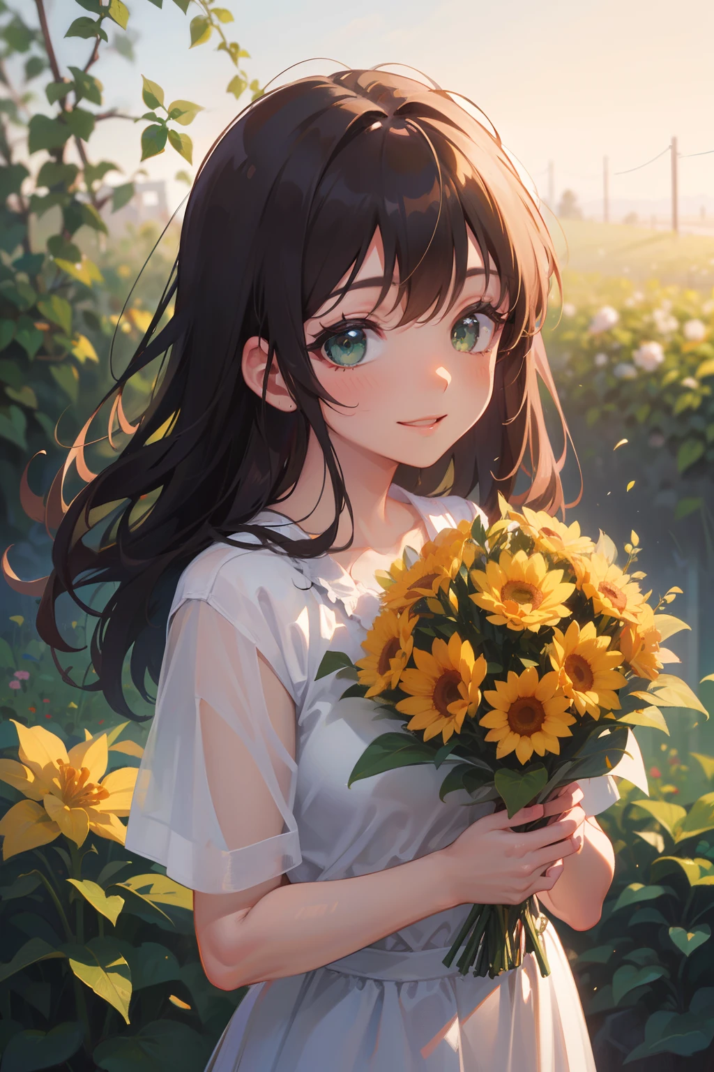 (masterpiece), (best quality), ultra high res, sharp focus, morning sunlight, natural lightning, soft shadow, upper body, medium close-up, ((1 mature woman, solo)), very stunning and gorgeous mature woman, beautiful detailed hair, brown brunette hair, long hair, beautiful detailed face, perfect beautiful face, look at the viewer, smiles, happy face, (perfect beautiful eyes, green eyes), holding a bouquet flowers, (standing in the garden:1.1)