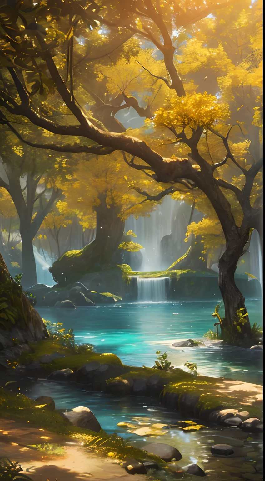 (portal:1.1,gold coins,paradisiacal landscape,branches,roots) (best quality,4k,highres),ultra-detailed,(realistic:1.37),(fantasy:1.1) (golden,shimmering,sparkling) light