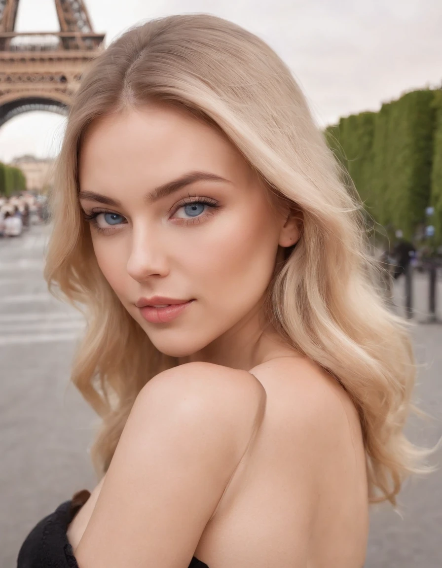 Sexy girl with blue eyes, near the Eiffel Tower, blondes langes Haar, portrait sophie mudd, Portrait de Corinna Kopf, blonde hair and large eyes, Selfie einer jungen Frau, ohne Make-up, Natural makeup, Blick direkt in die Kamera, Gesicht mit Artgram, dezentes Make-up, Great full body photo, im Zimmer, big boobs, blond