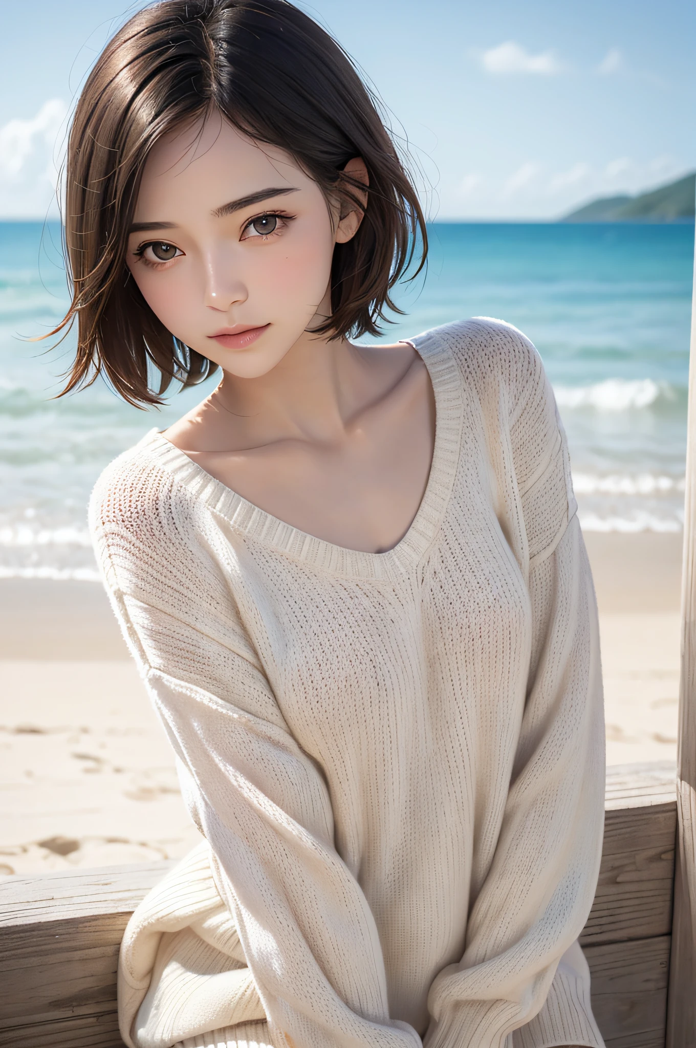 1girl, best quality, realistic, solo, depth of field, natural lighting, daytime, alluring, beautiful face, clean, pure face, pale skin, cute, short hair, beach, sunshine,flat chest, tiny breast, full body, ((sweater,beautfully face)),