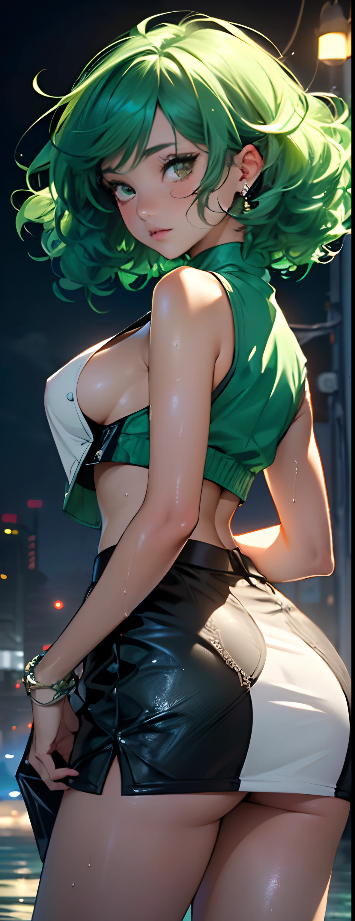 Girl Youku anchor,(((1girll))),((Very cute beautiful girl with green curly hair)),Watching from behind
(short breasts:1.4),big assa,(((Green curls:1.35,Very curly hair,Colored inner hair,Ear breathing,Short hair))),(((Green_Eyes:1.3))),intricately detailed eyes,Beautiful detailed eyes,Symmetrical eyes,Big eyes:1.3,((Fat)),(((Glossy glossy skin:1.5,Bright Skin: 1.5,dark tanned skin,Shiny skin,very shiny skin,shining body,plastic glitter skin,exaggerated shiny skin,brightskin,Wet legs))),Detailed body,(Detailed face),Close-up of buttocks
Cute,slutty,Seductive,Erotic,(((NSFW))),
zettai ryouiki,Clothing that exposes,show skin,((rave mini-skirt,visible thong straps,White loose vest,Decorated with anime art prints)),((Wet clothes,intricate outfits,intricate clothes)),
(Dynamic pose:1.0),Embarrassed,(Centered,Scale to fit the dimensions,Rule of thirds),
Cyberpunk night by the sea, There are bright neon lights and dark storm clouds and puddles, scenery:1.25,
artsy photography,(photography of:SLDR),A high resolution, Sharp focus, (Ultra detailed, Extremely detailed), (realistic artwork:1.37),(Extremely detailed Cg Unity 8K wallpaper),((Synthetic wave background theme)),(((Vibrant colors))),(intricate background),(Masterpiece),(Best quality),