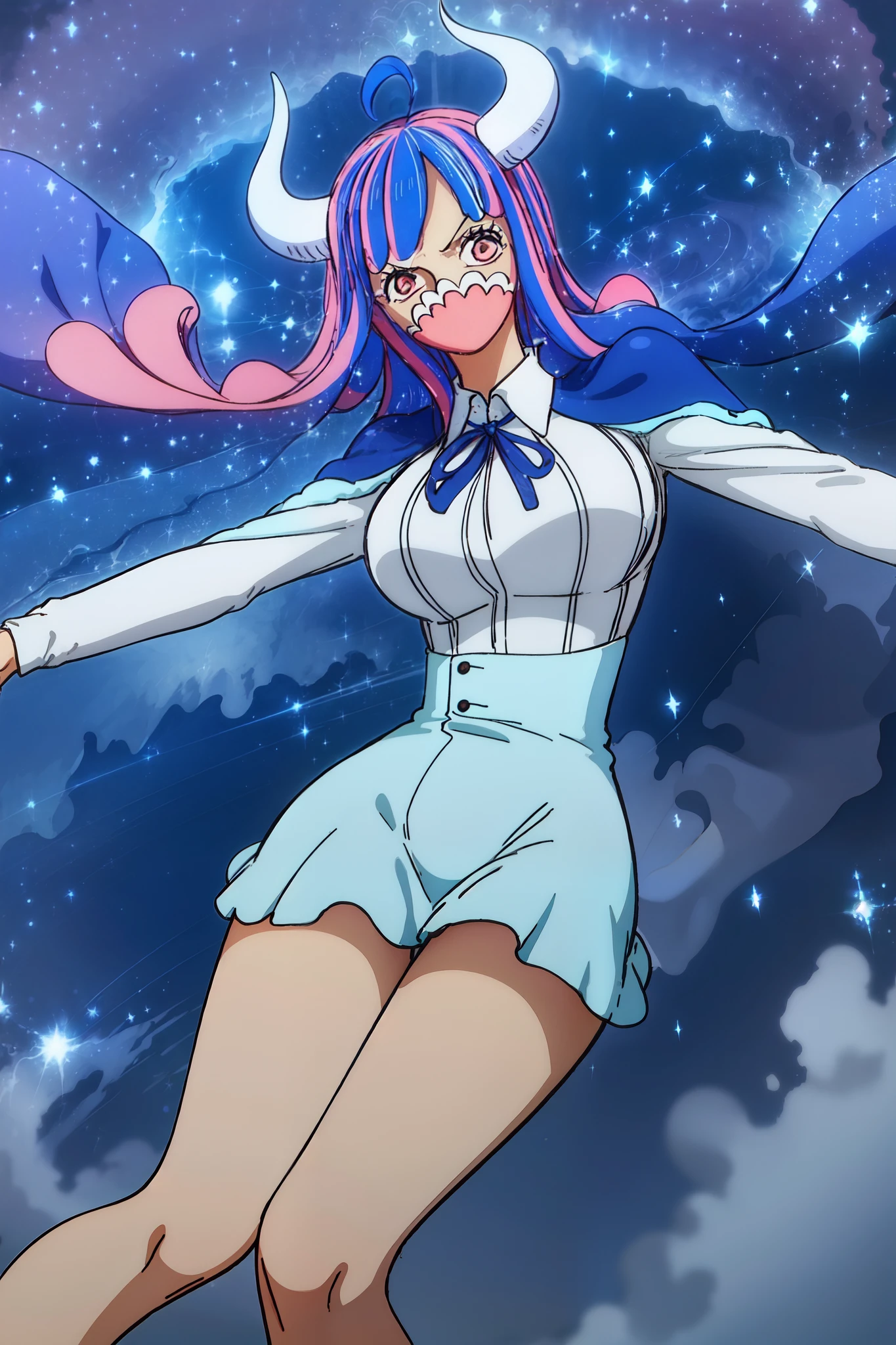 Ulti from one piece, blue hair, red eyes, pink mask, horns, Ulti takes to wearing a long-sleeved minidress that is white and pleated above the waist, with a blue bow below a point collar. The dress's lower, light-blue, and non-pleated section, with a button placket in the middle, ends in a short skirt part that has a slightly ruffled hem, leaving most of Ulti's legs visible. Fastened on her shoulders is a darker-blue cape trimmed with light-blue fur on its edges (the inside also blue), which goes near the ground, standing in wall side.