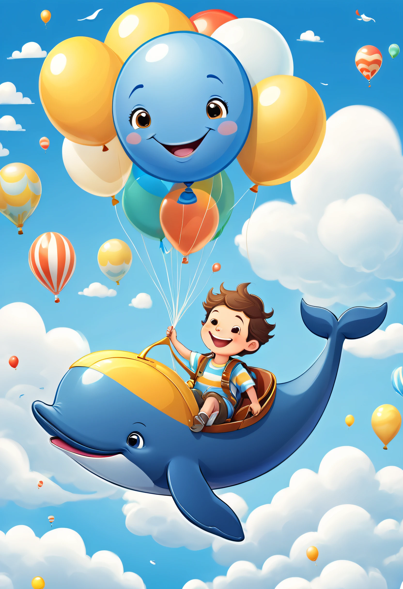 （Golden section composition），（Golden ratio），A cute boy, Whale ride, Laughing happily, flying in the clouds, balloons, Blue sky and white clouds, Looking at the camera，Cartoony，Flat illustration，