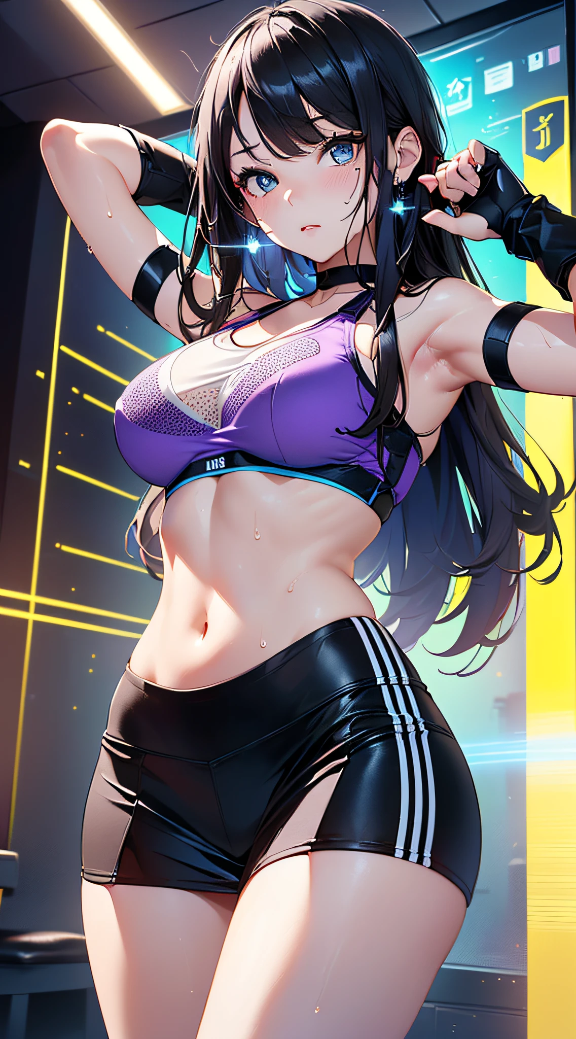 top-quality、Top image quality、masterpiece、girl with((cute little、20yr old、Best Bust、Medium bust、Bust 85,Beautiful blue eyes、Breasts wide open,Long Black Hair、A slender、Middle knot、Black Sports Bra、White short skirt,Reflecting the whole body、Black perforated gloves、fighting poses、sweating))hiquality、Beautiful Art、Background with((clubhouse、Blue lighting、Multiple purple laser points、fitness club、natta、virtual)),masutepiece、Elaborate design、visualart、depth of fields、The best lighting、highestdetailed、8k