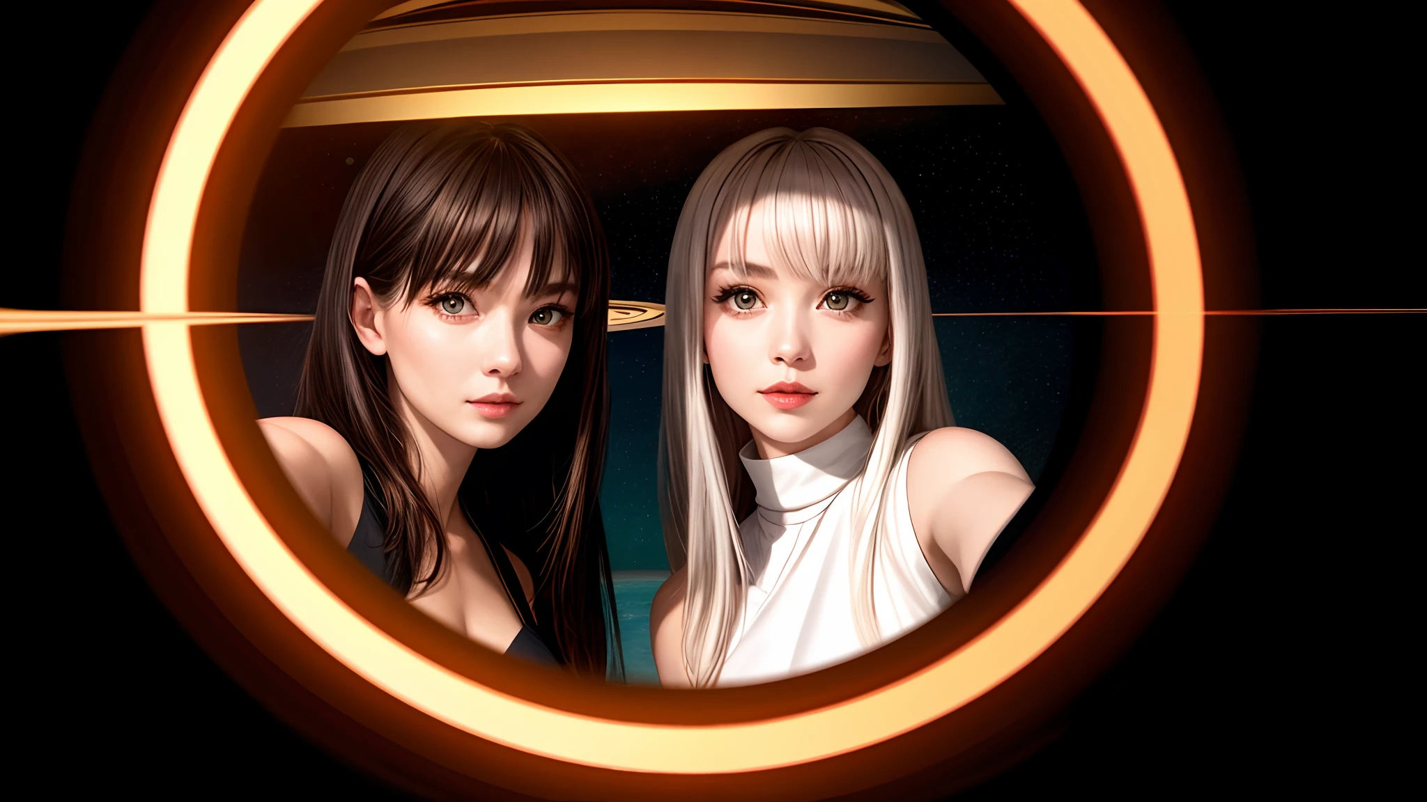 Two white beautiful alien women taking selfies against the background of Saturn's rings. Photo 8k ultra