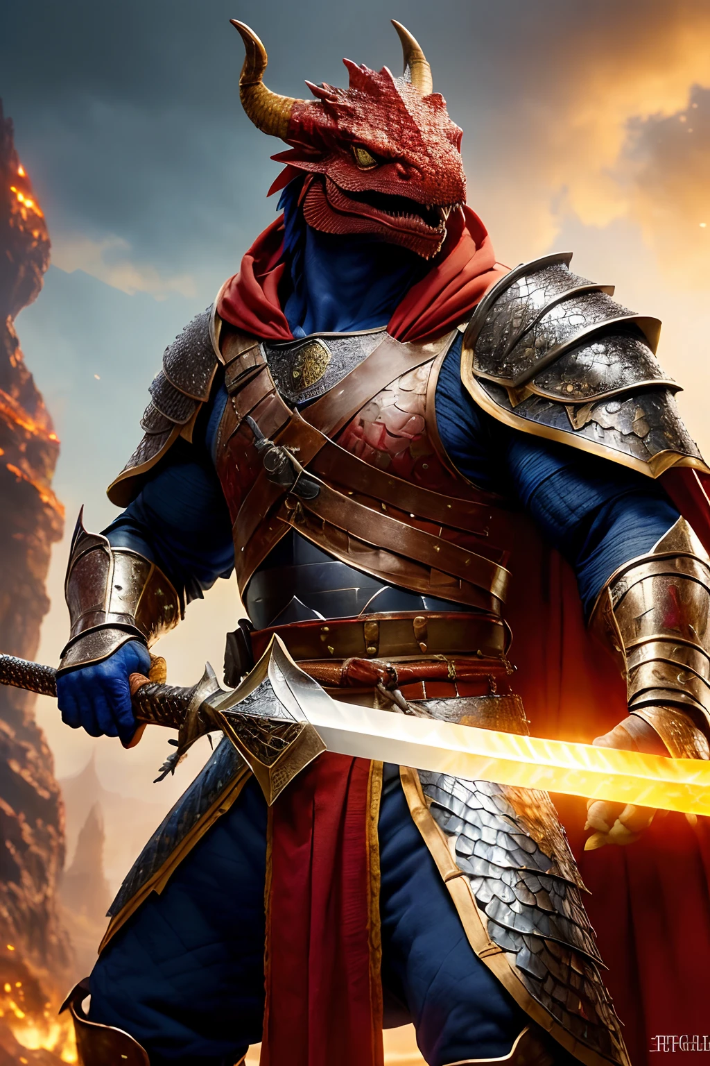 Allafoo high detail, Best quality, 8K, [Ultra detailed], Masterpiece, Best quality, (Extremely detailed), Dynamic Angle, super wide shot, Photorealistic, primitive, Fantasy art, dnd art, Fantasy art, Realistic art, Wide angle picture of Dragonborn commander preparing for battle, full bodyesbian (intense detail, Masterpiece, Best quality: 1.5), D&D Dragonborn, Red Dragonborn, Dynamic eye color, reptilian eyes, com rosto detalhado (intense detail, Masterpiece, Best quality: 1.5), Wearing heavy armor, White armor, wearing cloak, long cape, Flowing cloak, Dynamic colors, Holding a sword (intense detail, Masterpiece, Best quality: 1.5), Holy Sword, A sword with a yellow magic aura (intense detail, Masterpiece, Best quality: 1.5), Holding a shield (intense detail, Masterpiece, Best quality: 1.5), Battle street background, Town background in war (intense detail, Masterpiece, Best quality: 1.5), A sense of action, danger atmosphere