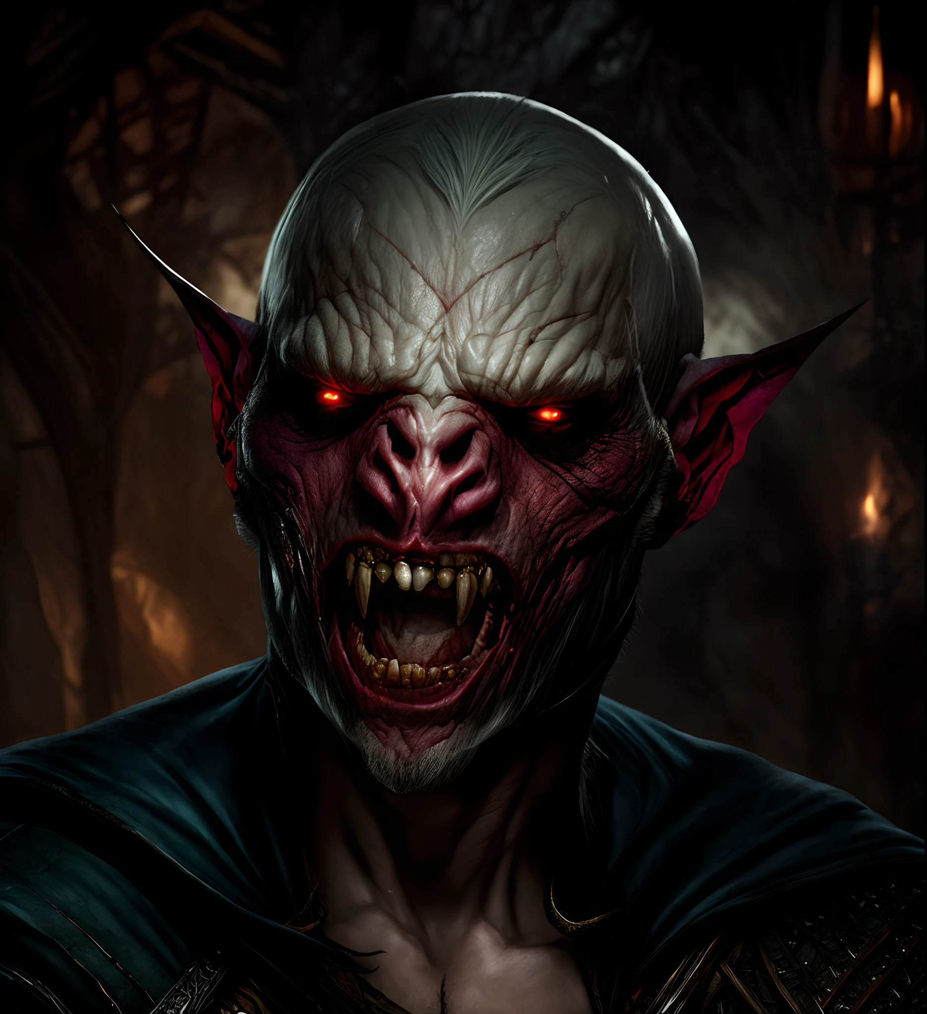 arafed man with a creepy face and a big grin, male vampire of clan banu haqim, faced muscular white goblin, hyper realistic fantasy monster, photo of demon, the witcher vampire bruxa concept, monster concept art