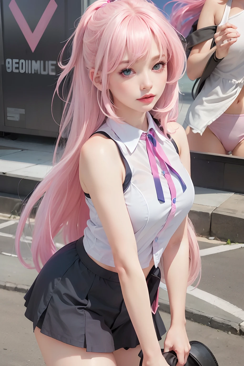 best quality, ultra high res, (photorealistic:1.4), 8k resolution, girl, (pink  hair:1.3) , realistic blue eyes, (realistic hair:1.2), (Korean girl:1.2), (realistic eyes:1.2), (beauty face:1.3), perfect body, white pale skin, small breast, cleavage, , (eyes looked up:1.3), petite , Sports bikini, flat chest