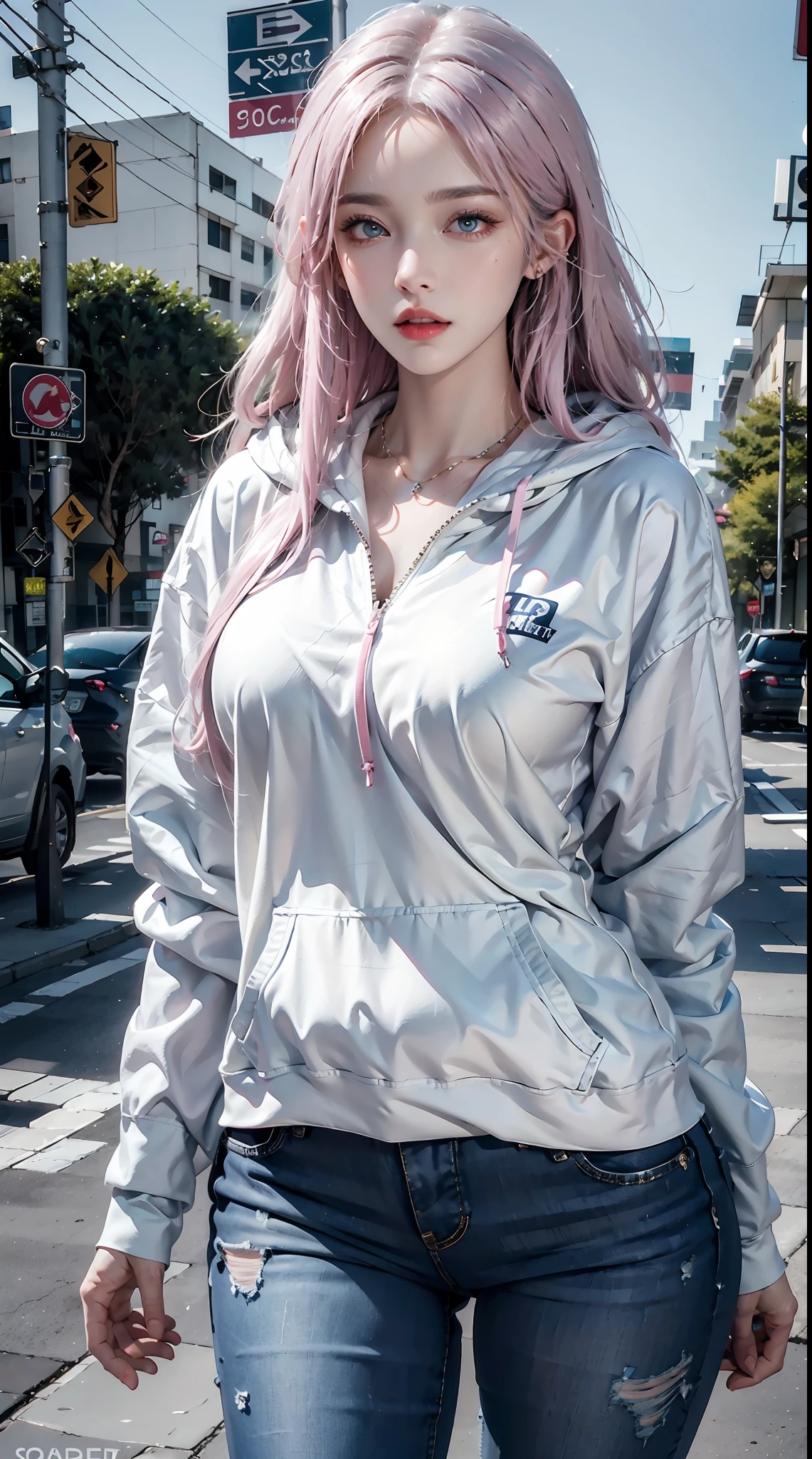 photorealistic, high resolution, 1women, shining skin, solo, tattoo, jewelry, pink lips, long white hair, blue eyes, closed mouth, hips up, outdoor, hoodie, Street wear