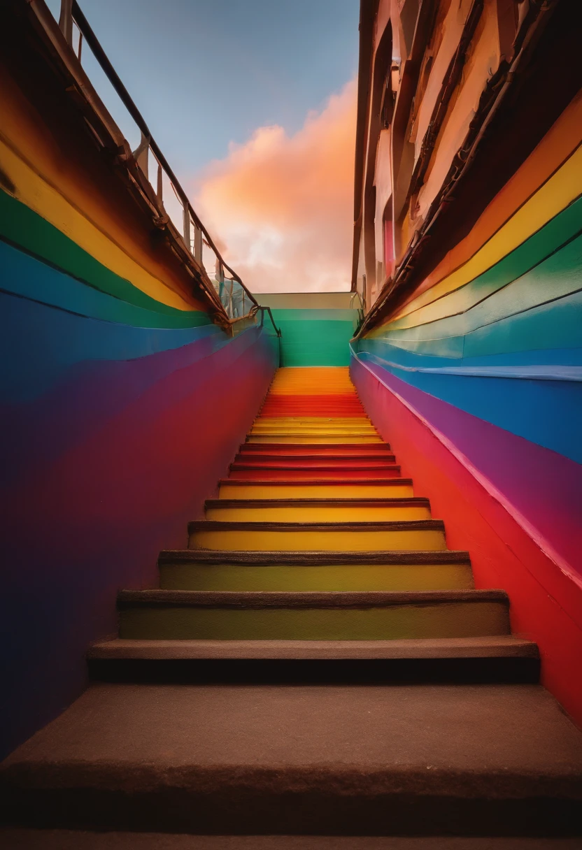 Close-up of the stairs leading to the rainbow sky, stairway to heaven, A very colorful heaven, stairs from hell to heaven, Leading to the Sky, Rainbow clouds, Colors of Heaven, Rainbow Trail, Colorful sky, Rainbow clouds, Heaven!!!!!!!!, rainbow, Rainbow colors, Psychedelic sky, In beautiful colors, Irridescent color, colorful dream, colorful skies
