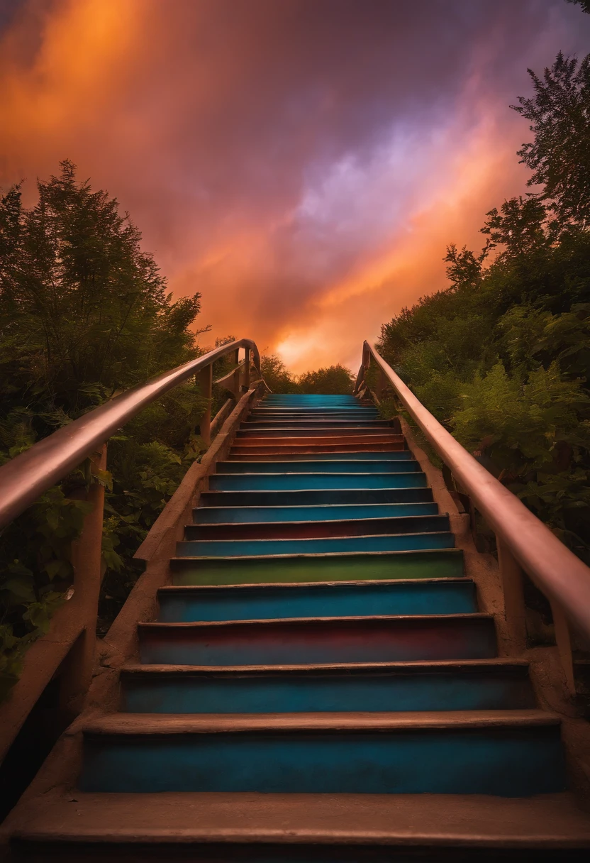 Close-up of the stairs leading to the rainbow sky, stairway to heaven, A very colorful heaven, stairs from hell to heaven, Leading to the Sky, Rainbow clouds, Colors of Heaven, Rainbow Trail, Colorful sky, Rainbow clouds, Heaven!!!!!!!!, rainbow, Rainbow colors, Psychedelic sky, In beautiful colors, Irridescent color, colorful dream, colorful skies