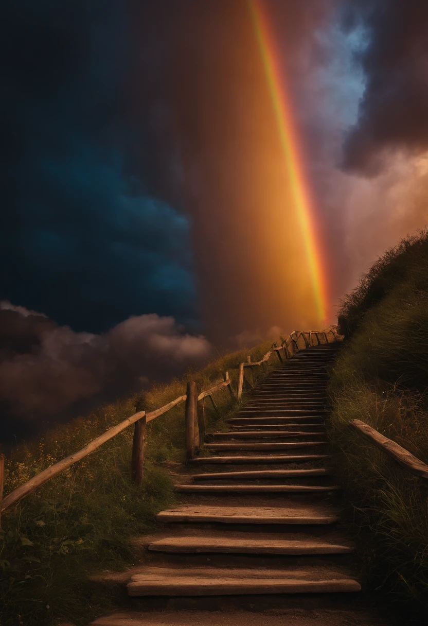 Close-up of the stairs leading to the rainbow sky, stairway to heaven, A very colorful heaven, stairs from hell to heaven, Leading to the Sky, Rainbow clouds, Colors of Heaven, Rainbow Trail, Colorful sky, Rainbow clouds, Heaven!!!!!!!!, rainbow, Rainbow colors, Psychedelic sky, In beautiful colors, Irridescent color, colorful dream, colorful skies