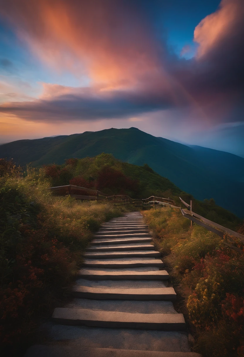 Close-up of the stairs leading to the rainbow sky, stairway to heaven, A very colorful heaven, stairs from hell to heaven, Leading to the Sky, Rainbow clouds, Colors of Heaven, Rainbow Trail, Colorful sky, Rainbow clouds, Heaven!!!!!!!!, rainbow, Rainbow colors, Psychedelic sky, In beautiful colors, Irridescent color, colorful dream, colorful skies