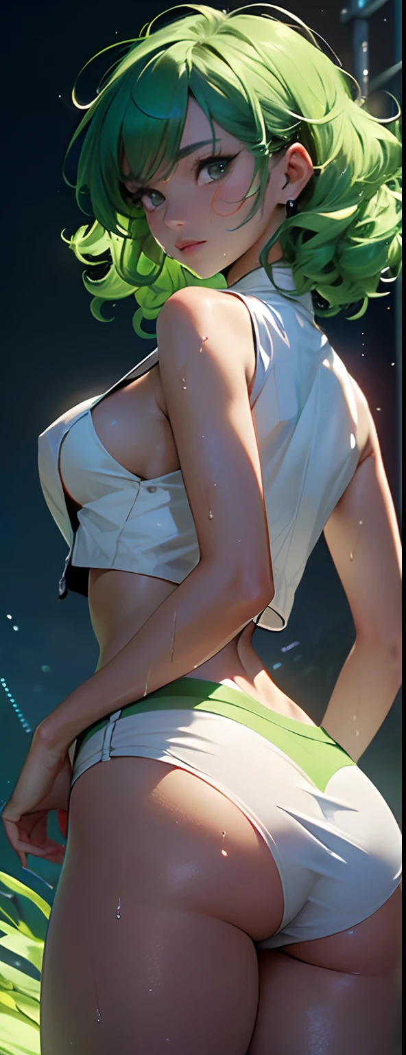 Girl Youku anchor,(((1girll))),((Very cute beautiful girl with green curly hair)),Watching from behind
(short breasts:1.4),big assa,(((Green curls:1.35,Very curly hair,Colored inner hair,Ear breathing,Short hair))),(((Green_Eyes:1.3))),intricately detailed eyes,Beautiful detailed eyes,Symmetrical eyes,Big eyes:1.3,((Fat)),(((Glossy glossy skin:1.5,Bright Skin: 1.5,dark tanned skin,Shiny skin,very shiny skin,shining body,plastic glitter skin,exaggerated shiny skin,brightskin,Wet legs))),Detailed body,(Detailed face),Close-up of buttocks
Lovely,slutty,Seductive,Erotic,(((NSFW))),
zettai ryouiki,Clothing that exposes,show skin,((rave mini-skirt,visible thong straps,White loose vest,Decorated with anime art prints)),((Wet clothes,intricate outfits,intricate clothes)),
(Dynamic pose:1.0),Embarrassed,(Centered,Scale to fit the dimensions,Rule of thirds),
Cyberpunk night by the sea, There are bright neon lights and dark storm clouds and puddles, scenery:1.25,
artsy photography,(photography of:SLDR),A high resolution, Sharp focus, (Ultra detailed, Extremely detailed), (realistic artwork:1.37),(Extremely detailed Cg Unity 8K wallpaper),((Synthetic wave background theme)),(((Vibrant colors))),(intricate background),(Masterpiece),(Best quality),