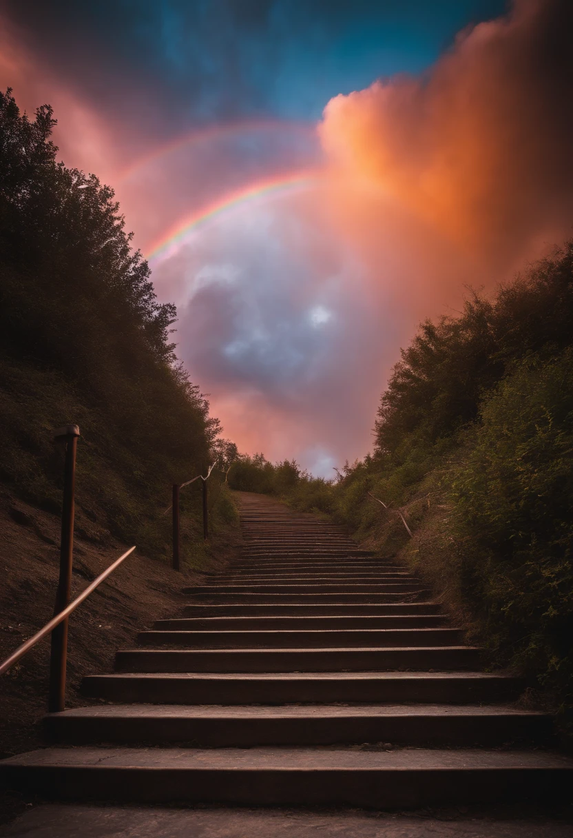 Close-up of the stairs leading to the rainbow sky, stairway to heaven, A very colorful heaven, stairs from hell to heaven, Leading to the Sky, Rainbow clouds, Colors of Heaven, Rainbow Trail, Colorful sky, Rainbow clouds, Heaven!!!!!!!!, rainbow, Rainbow colors, Psychedelic sky, In beautiful colors, Irridescent color, colorful dream, colorful skies
