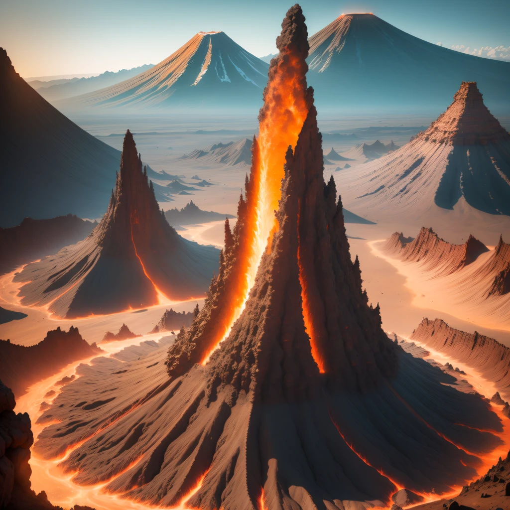 (((Giant volcanoes)))The astronaut,Alien base (Very detailed giant volcano) In the mountainous desert,There are several exhaust fans and chimneys, Some spotlights come out of the base to illuminate dark places, (Extreme nights), Some clouds in the night sky, Some of the surrounding planets provide air to unknown planets,The farthest giant volcano is erupting((Giant volcanoes))(((The volcano is broken))