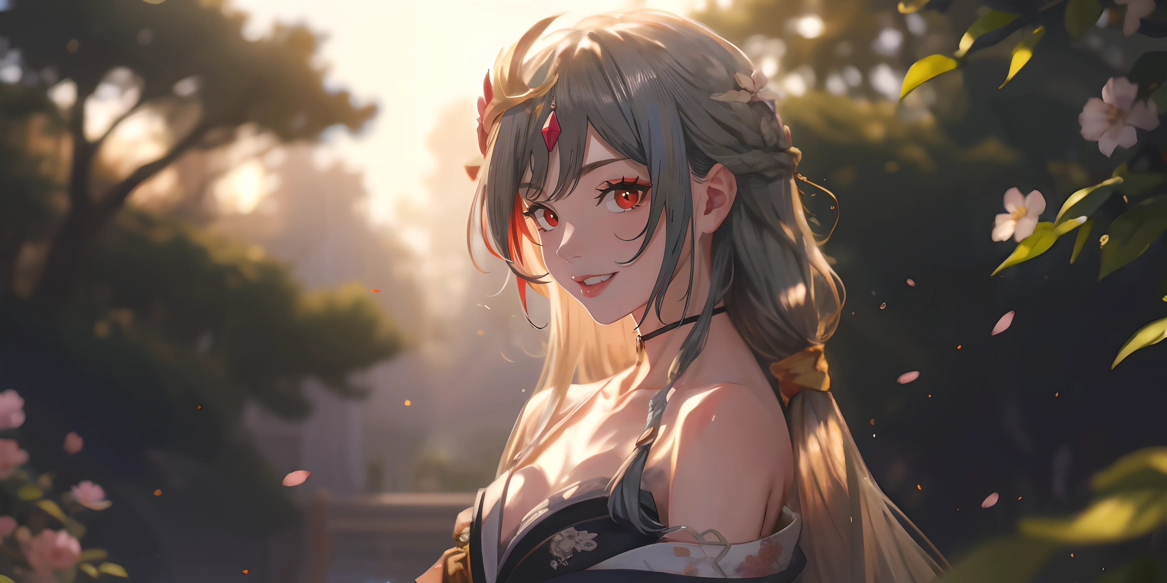 senti, (long hair, silver hair:1.6), red eyes, hair ornament, sweating, glowing eyes, heavy breathing, 1girl, cherry_blossoms, breasts, solo, petals, japanese_clothes, kimono, collarbone, bare_shoulders, lips, cleavage, looking_at_viewer, flower, hair_ornament, makeup, floral_print, upper_body, large_breasts, pink_flower, mole, off_shoulder, mole_under_mouth, mole_under_eye, "Photorealistic, Hyperrealistic, Hyperdetailed, analog style, soft lighting, subsurface scattering, realistic, heavy shadow, masterpiece, best quality, ultra realistic, 8k, golden ratio, Intricate, High Detail, film photography, soft focus", anime coloring, anime screencap, sweating, steaming body, fog