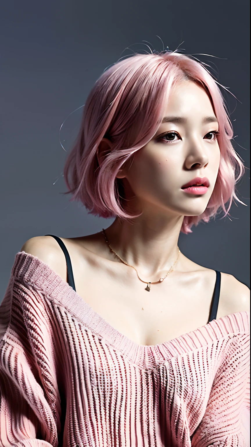 (Best quality, 8k, 32k, Masterpiece, UHD:1.2),Photo of Pretty Japanese woman, pink hair, very short bob hair,upper body,face focus,oversized_sweater, necklace, simple background, from above, looking at viewer,