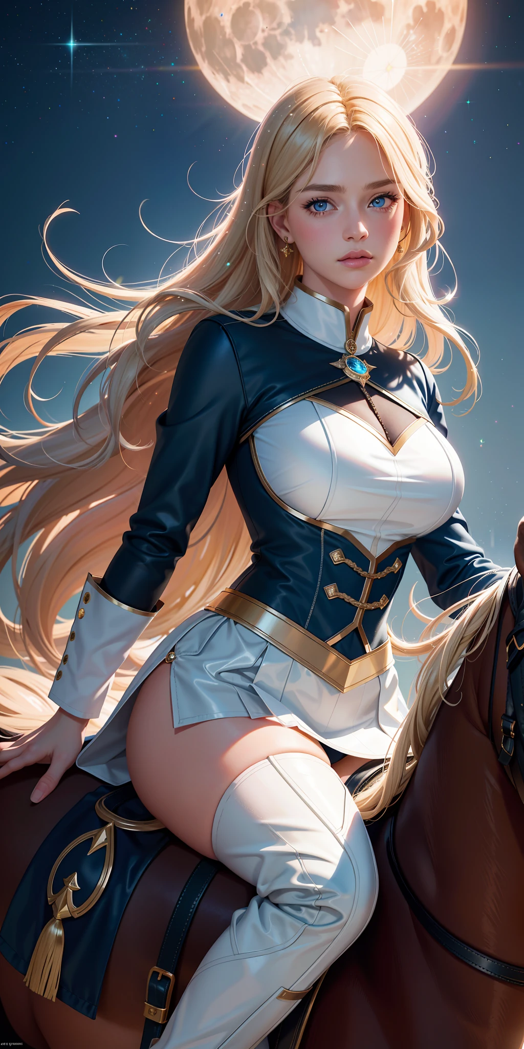 realistic, 1girl, Accent lighting, brightness, masterpiece, best quality, 1girl, long blonde wavy hair, blue eyes, equestrian uniform,Riding pants,thigh high boots, (masterpiece:1.4), best quality, ((realistic)), high quality, ultra detailed, (illustration:1.05), (beautiful:1.05), (beautiful detailed eyes:1.05), (cinematic light:1.1), blush, moon, night, roses, pastel pink, gothic tetradic colors, glitter, big breasts, thick thighs