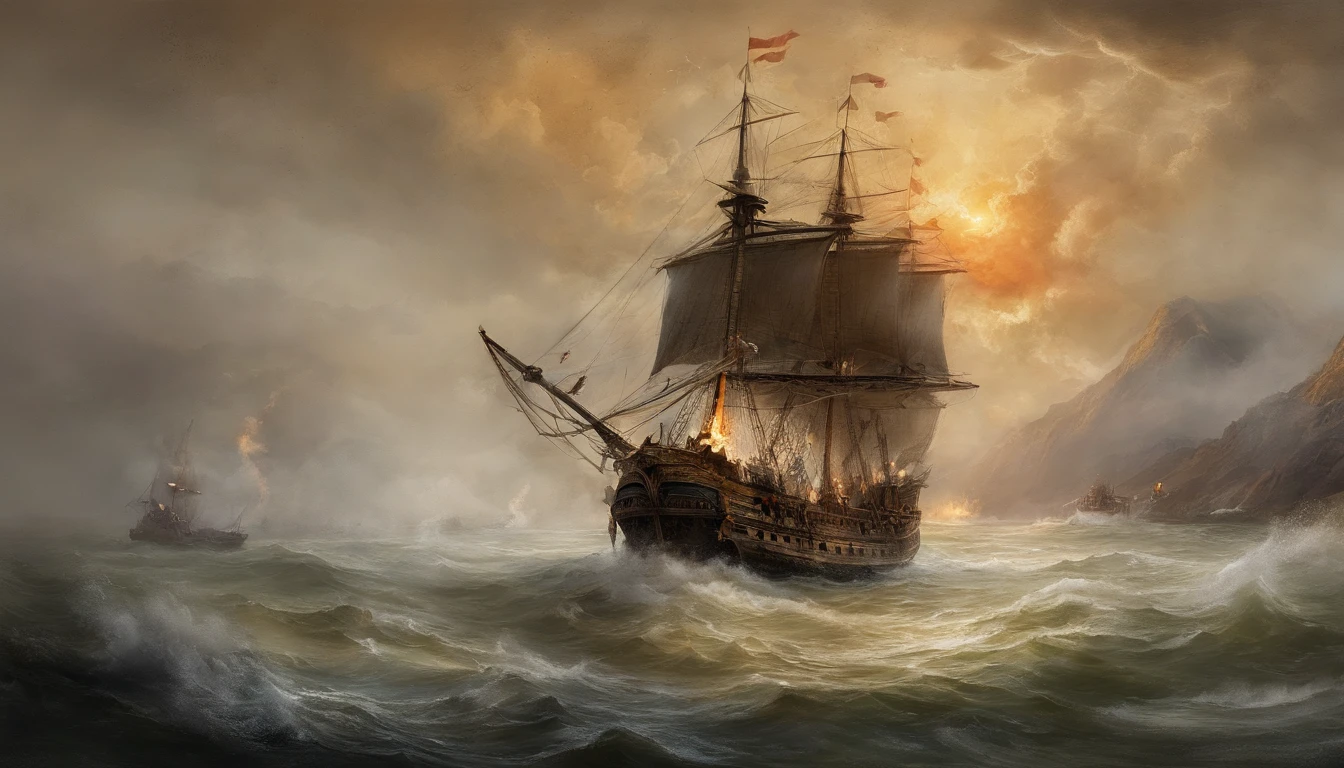 ink wash style，Burning sea，Burning ships，Smoke billowed out，Dimly lit sky，the fire，karo，cannon fire，（illustratio：1.0）、Epic composition、Realistic lighting、high definition detail、tmasterpiece、Best quality，（非常详细的 CG 统一 8k 壁纸）