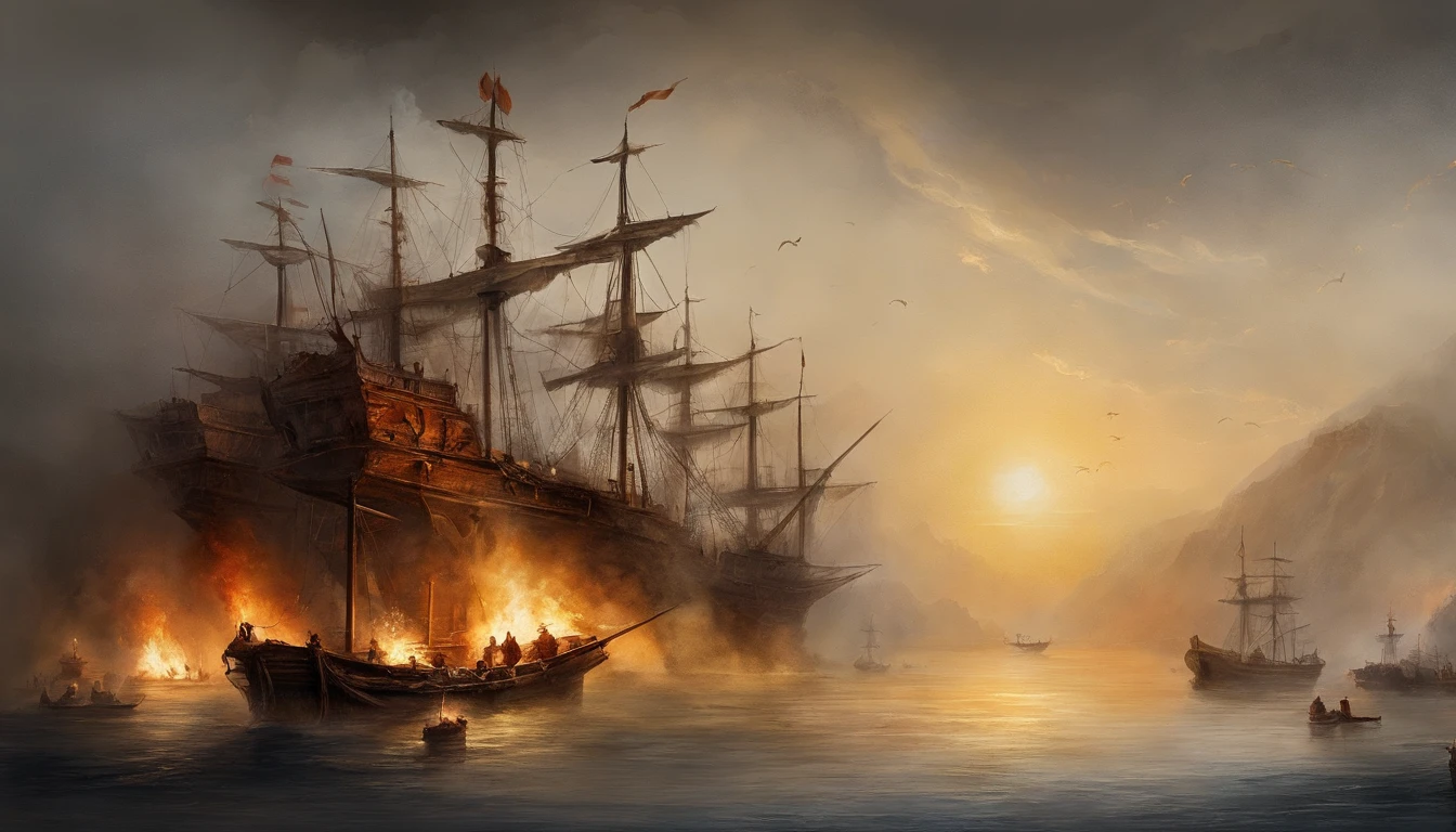 ink wash style,Burning sea,Burning ships,Smoke billowed out,Dimly lit sky,the fire,karo,cannon fire,(illustratio:1.0)、Epic composition、Realistic lighting、high definition detail、tmasterpiece、Best quality,(非常详细的 CG 统一 8k 壁纸)