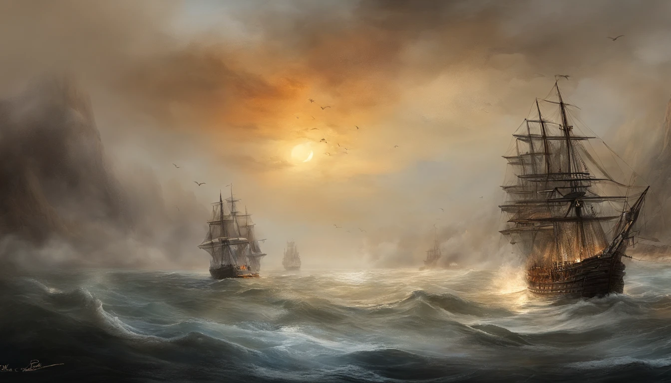 ink wash style，Burning sea，Burning ships，Smoke billowed out，Dimly lit sky，the fire，karo，cannon fire，（illustratio：1.0）、Epic composition、Realistic lighting、high definition detail、tmasterpiece、Best quality，（非常详细的 CG 统一 8k 壁纸）