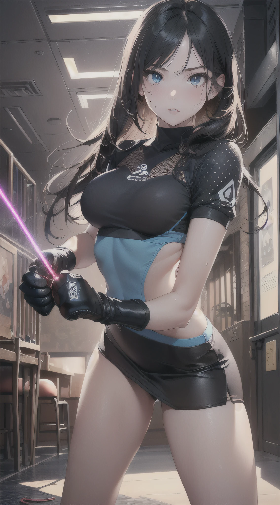 top-quality、Top image quality、​masterpiece、girl with((cute little、20yr old、Best Bust、Medium bust、Bust 85,Beautiful blue eyes、Breasts wide open,Long Black Hair、A slender、Middle knot、Black Sports Bra、White short skirt,Reflecting the whole body、Black perforated gloves、fighting poses、Sweating、Straight punch)）hiquality、Beautiful Art、Background with((clubhouse、Blue lighting、Purple Laser、Red Laser,Yellow Laser,fitness club、natta、virtual)),masutepiece、Elaborate design、visualart、depth of fields、The best lighting、highestdetailed、8ｋ