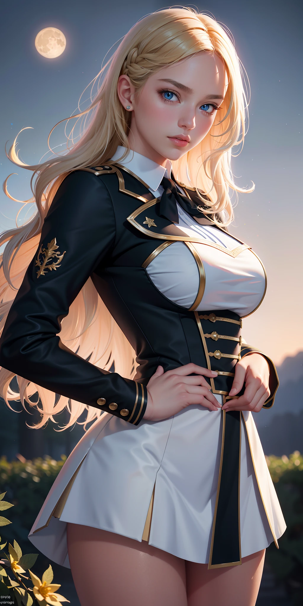 realistic, 1girl, Accent lighting, brightness, masterpiece, best quality, 1girl, long blonde wavy hair, blue eyes, equestrian uniform, (masterpiece:1.4), best quality, ((realistic)), high quality, ultra detailed, (illustration:1.05), (beautiful:1.05), (beautiful detailed eyes:1.05), (cinematic light:1.1), blush, moon, night, roses, pastel pink, gothic tetradic colors, glitter, big breasts, thick thighs