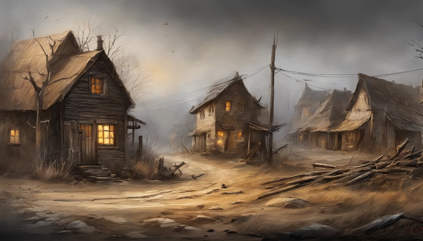 ink wash style,,telephone poles,Cracked buildings,battlefiled,Fire on the ground,burning building,the fire,winter day、Rochas、War,karo,cannon fire,(Broken car,Broken pavement),(illustratio:1.0)、Epic composition、Realistic lighting、high definition detail、tmasterpiece、Best quality,(非常详细的 CG 统一 8k 壁纸)