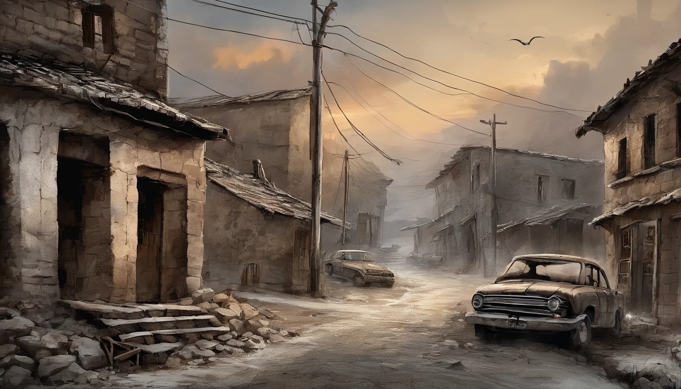 ink wash style，，telephone poles，Cracked buildings，battlefiled，Fire on the ground，burning building，the fire，winter day、Rochas、War，karo，cannon fire，(Broken car，Broken pavement)，（illustratio：1.0）、Epic composition、Realistic lighting、high definition detail、tmasterpiece、Best quality，（非常详细的 CG 统一 8k 壁纸）