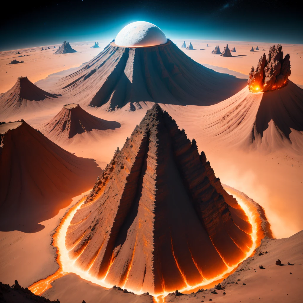 (((Giant volcanoes)))The astronaut,Alien base (Very detailed giant volcano) In the mountainous desert,There are several exhaust fans and chimneys, Some spotlights come out of the base to illuminate dark places, (Extreme nights), Some clouds in the night sky, Some of the surrounding planets provide air to unknown planets,The farthest giant volcano is erupting((Giant volcanoes))(((The volcano is broken))