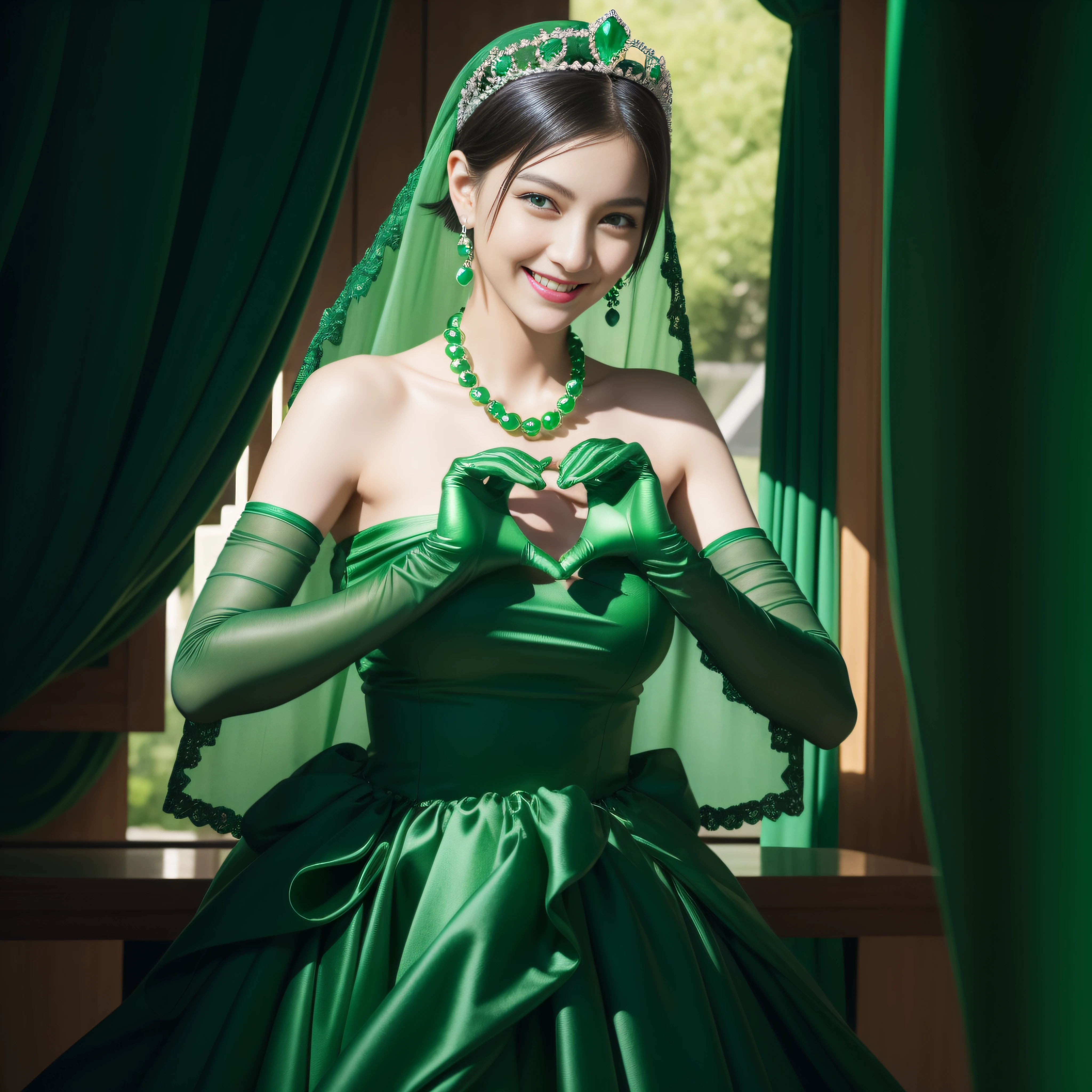 emerald tiara, Green Pearl Necklace, Boyish very short black hair, lipsticks, Japan woman smiling, very short short hair,  big breasts beautiful, Green eyes, Long green gloves made of satin material, Green eyes, Emerald Earrings, green vale, Heart with both hands,Black hair